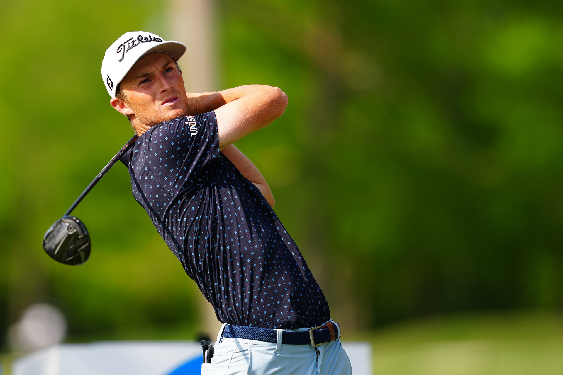 Will Zalatoris plays from the 13th tee during the first round of the Zurich Classic of New Orleans golf tournament.