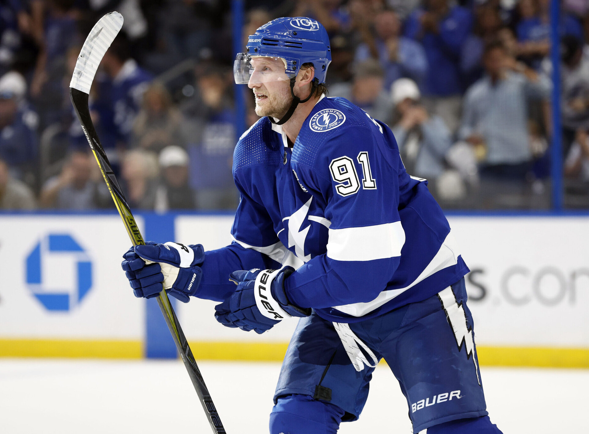 Tampa Bay Lightning center Steven Stamkos celebrates after scoring a goal against the Toronto Maple Leafs