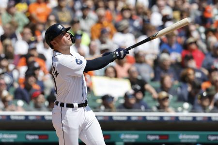 Detroit Tigers first baseman Spencer Torkelson (20) hits a three run home run in the first inning against the Colorado Rockies at Comerica Park.