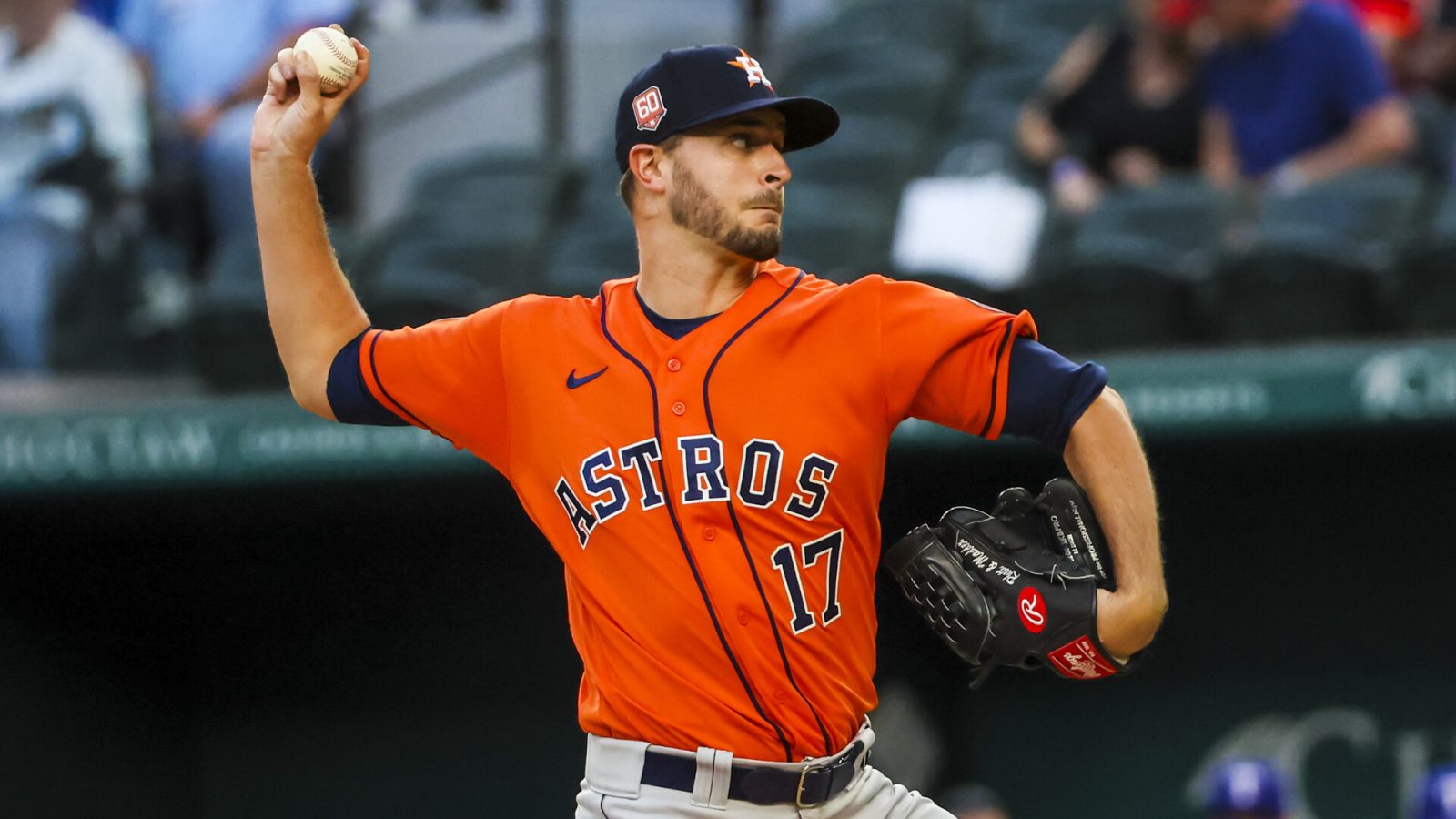 Houston Astros starting pitcher Jake Odorizzi (17) throws during the first inning against the Texas Rangers at Globe Life Field.