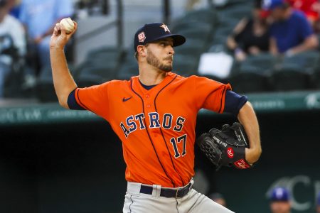 Houston Astros starting pitcher Jake Odorizzi (17) throws during the first inning against the Texas Rangers at Globe Life Field.