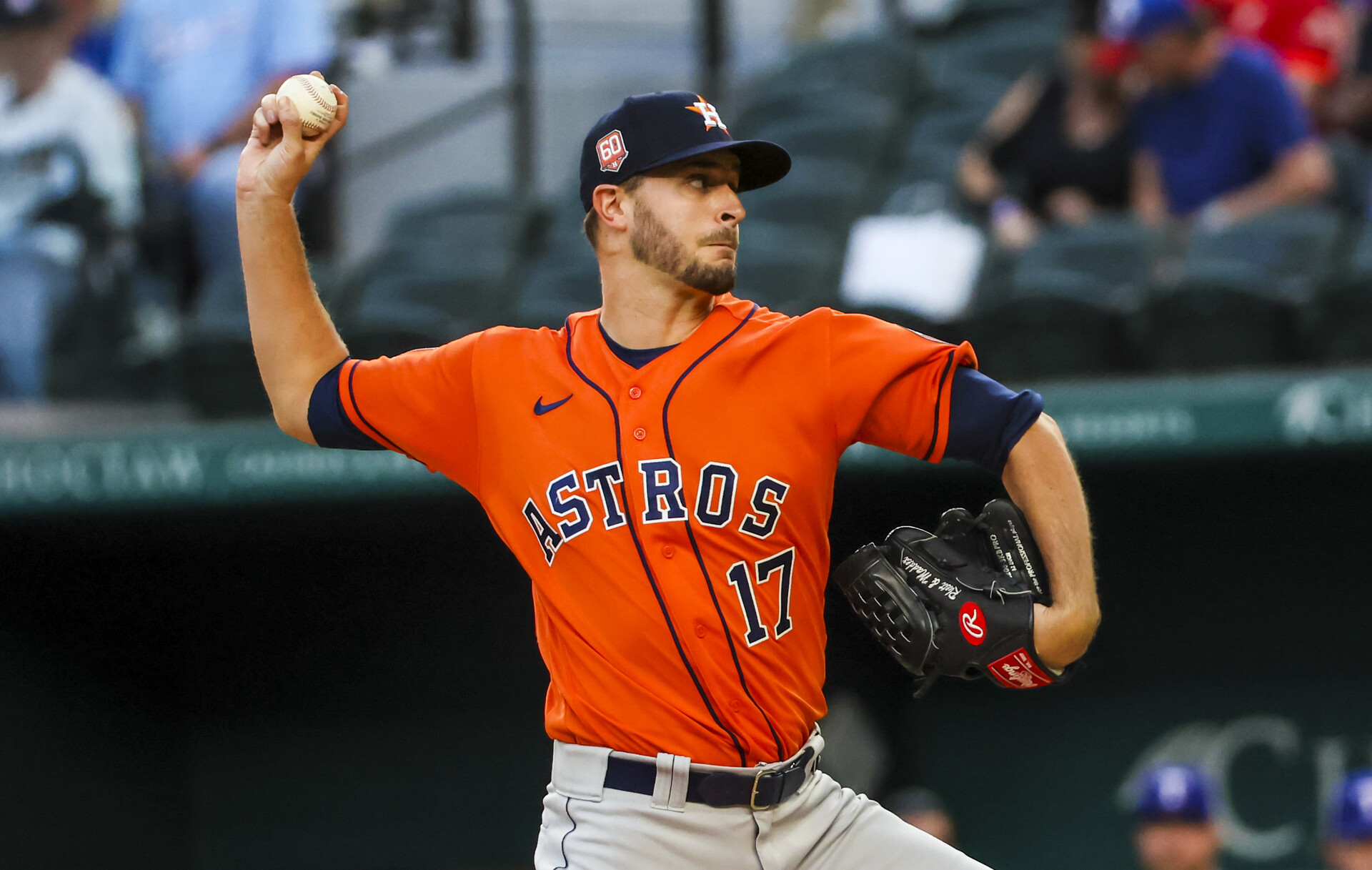 Houston Astros starting pitcher Jake Odorizzi (17) throws during the first inning against the Texas Rangers at Globe Life Field.