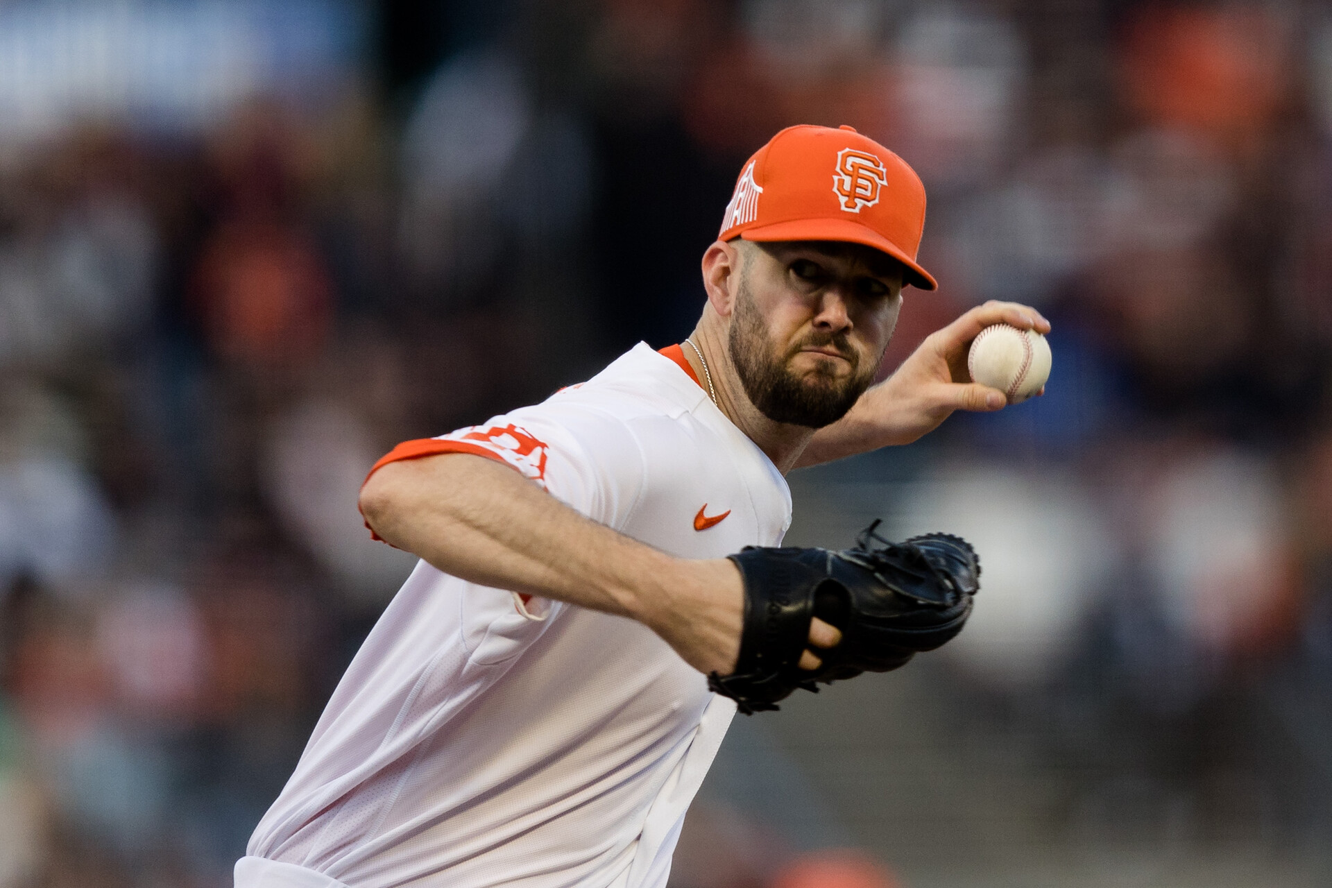 San Francisco Giants left-handed starting pitcher Alex Wood grips the baseball with his left hand and prepares to throw a pitch against the Washington Nationals