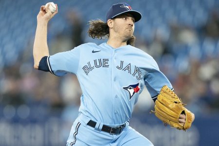 Toronto Blue Jays right-handed pitcher Kevin Gausman delivers against the Houston Astros on May 1, 2022, in Toronto.