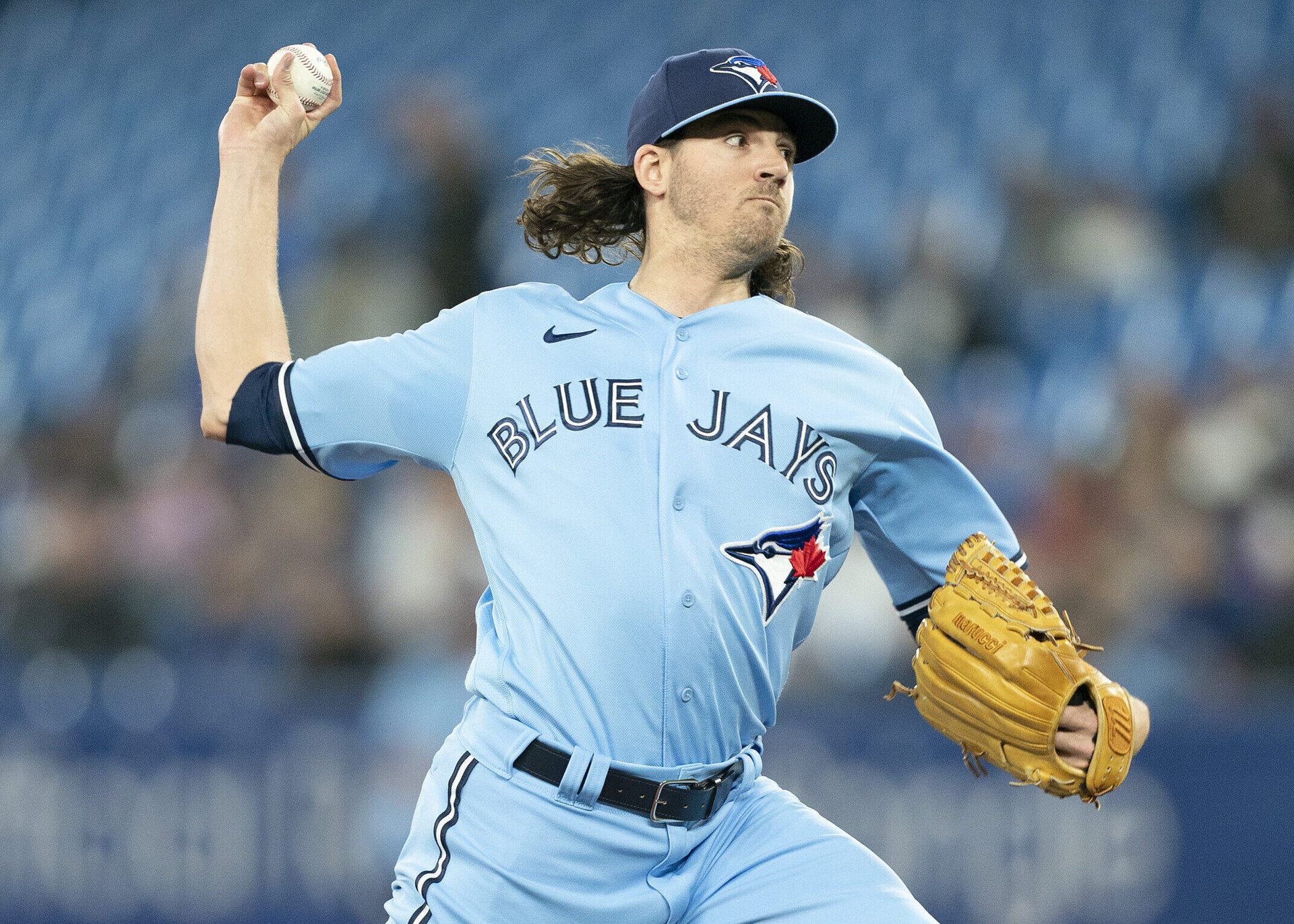 Toronto Blue Jays right-handed pitcher Kevin Gausman delivers against the Houston Astros on May 1, 2022, in Toronto.