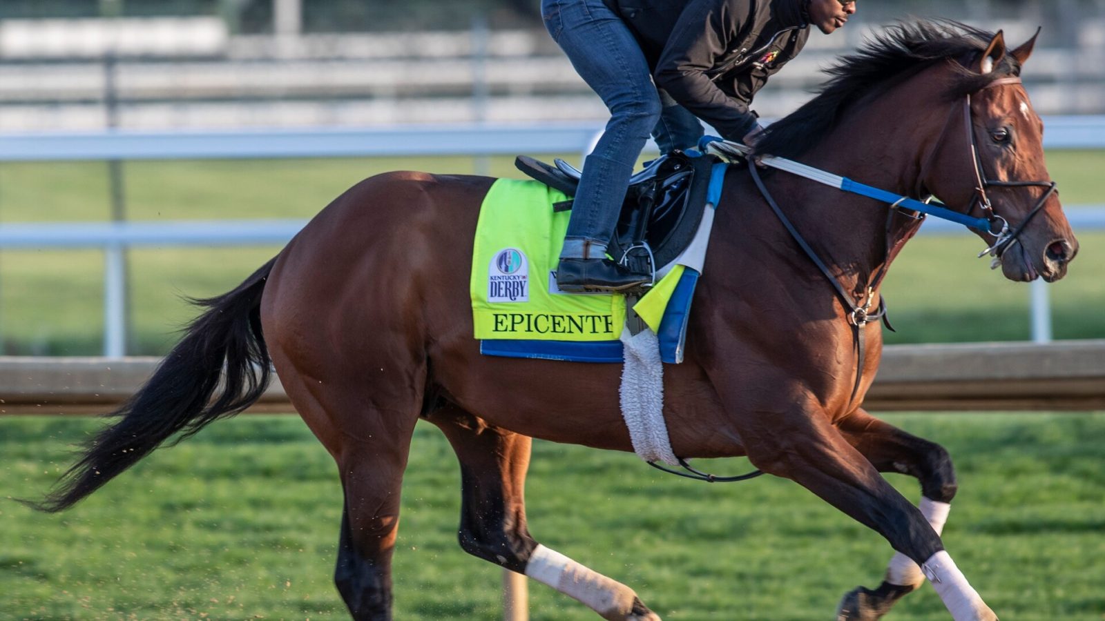 Kentucky Derby favorite Epicenter gallops in the morning at Churchill Downs. Jockey unidentified.