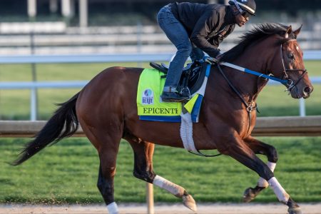 Kentucky Derby favorite Epicenter gallops in the morning at Churchill Downs. Jockey unidentified.