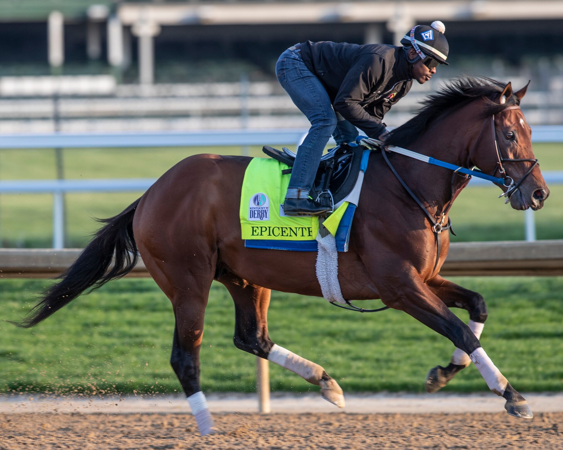 Kentucky Derby favorite Epicenter gallops in the morning at Churchill Downs. Jockey unidentified.