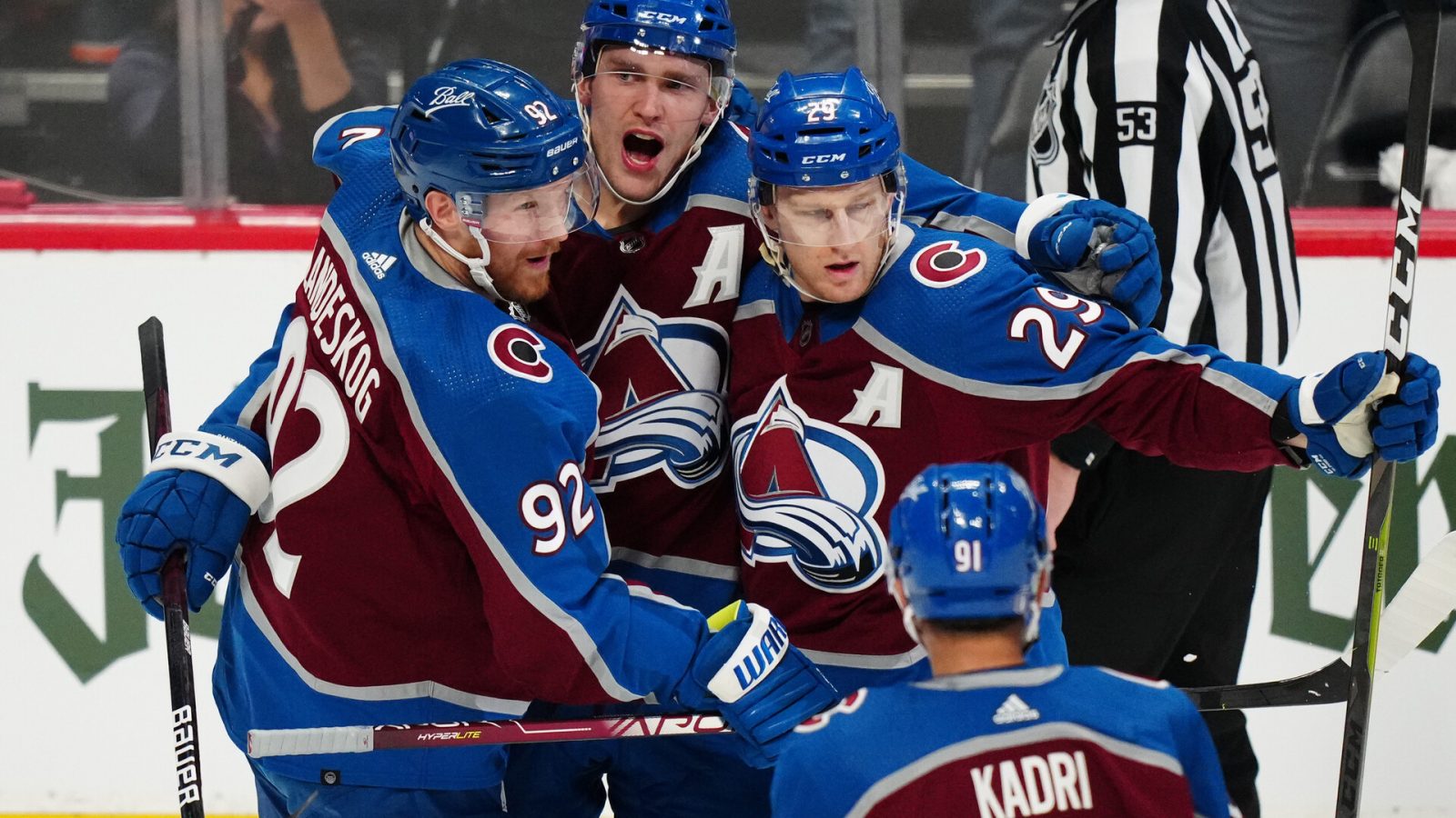 Colorado Avalanche center Nathan MacKinnon (29) celebrates his goal with left wing Gabriel Landeskog (92) and right wing Mikko Rantanen (96) during a Stanley Cup Playoff game against the Nashville Predators