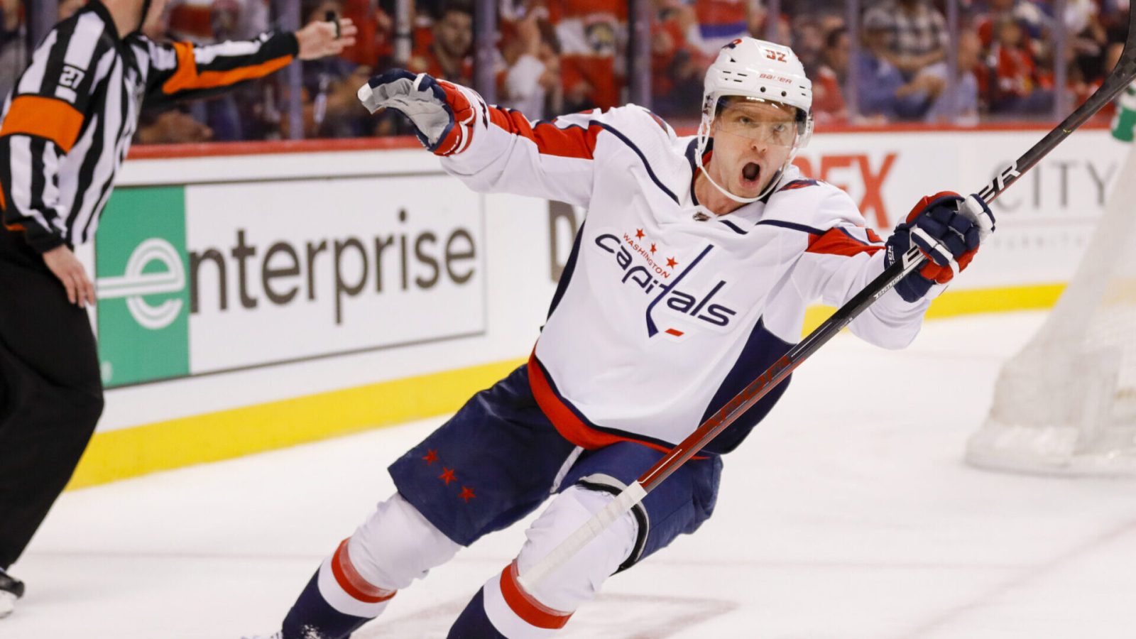 Washington Capitals center Evgeny Kuznetsov celebrates after scoring against the Florida Panthers during a 2022 Stanley Cup Playoff game