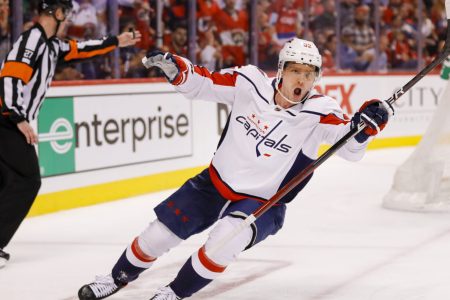 Washington Capitals center Evgeny Kuznetsov celebrates after scoring against the Florida Panthers during a 2022 Stanley Cup Playoff game