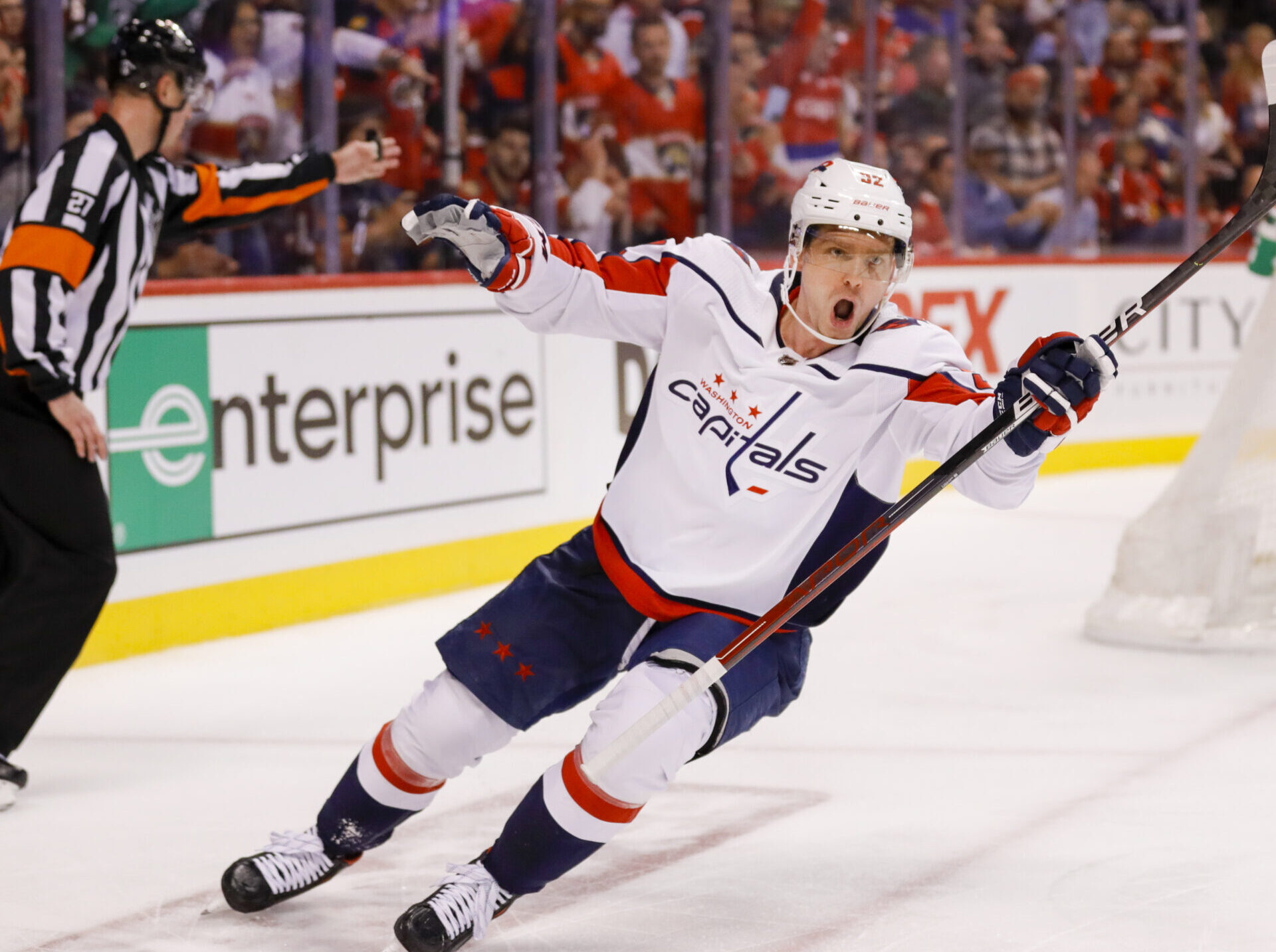 Washington Capitals center Evgeny Kuznetsov celebrates after scoring against the Florida Panthers during a 2022 Stanley Cup Playoff game