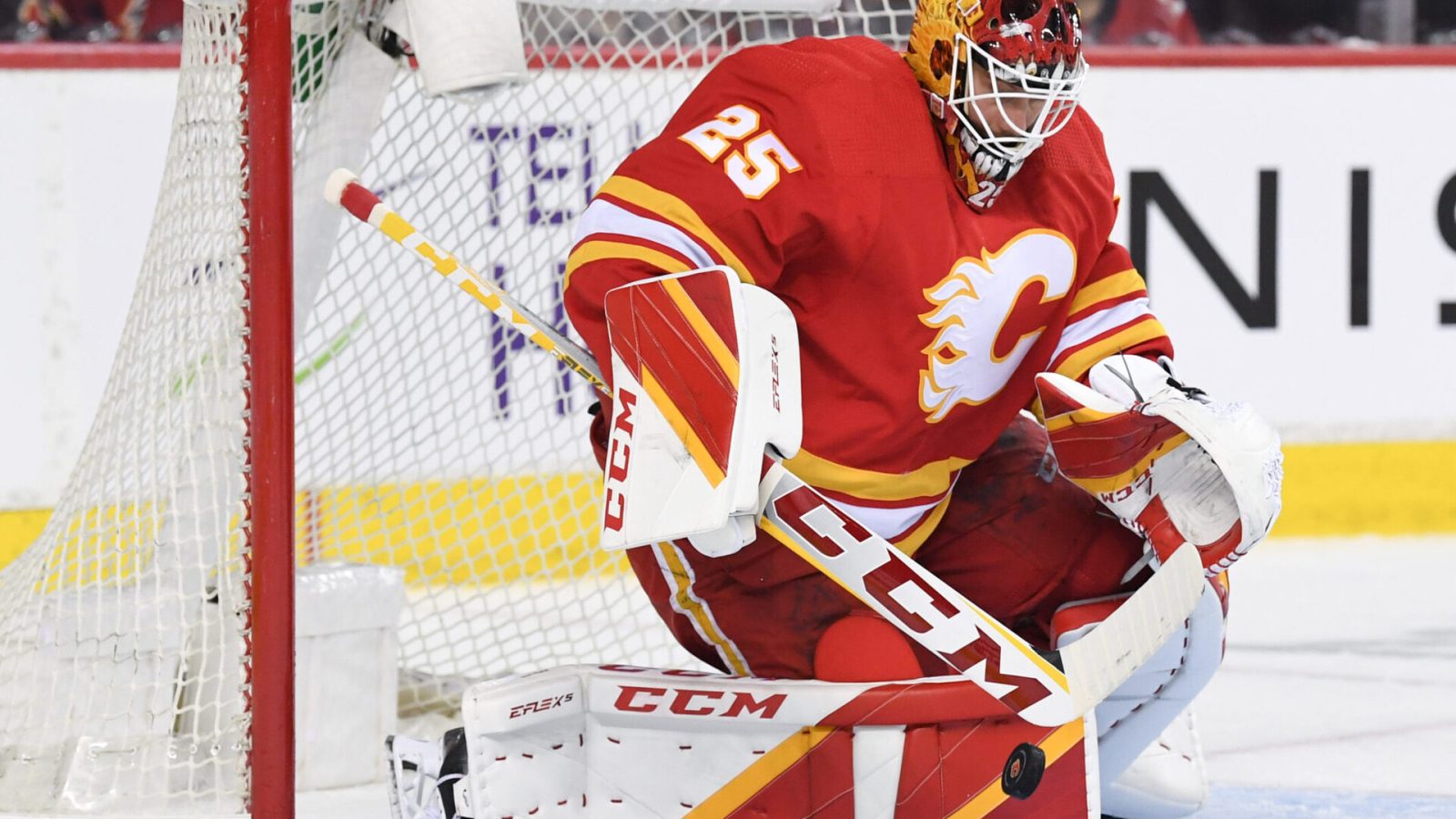 Calgary Flames goalie Jacob Markstrom stops a shot from the Dallas Stars during a 2022 Stanley Cup Playoff game