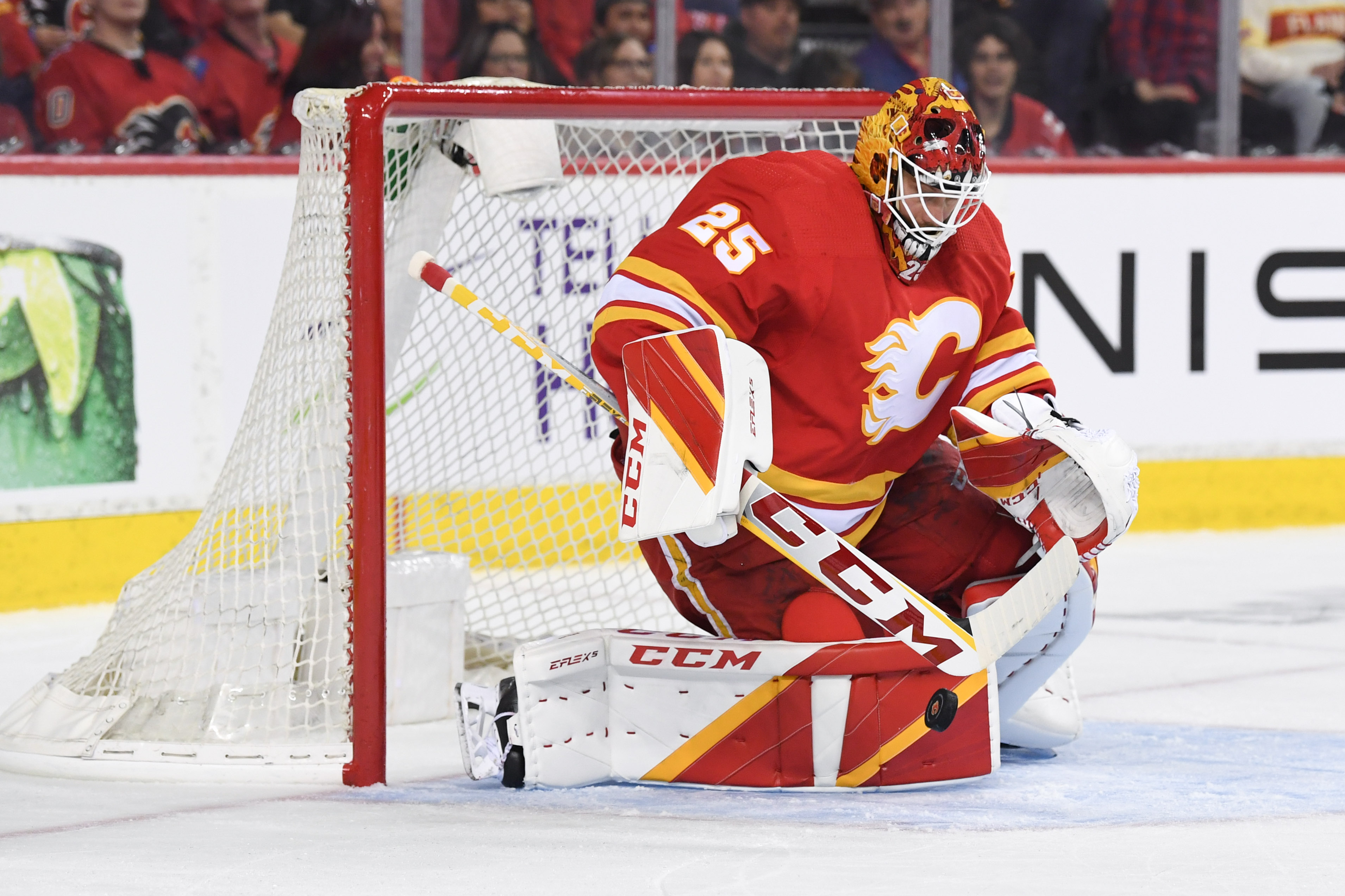 Calgary Flames goalie Jacob Markstrom stops a shot from the Dallas Stars during a 2022 Stanley Cup Playoff game