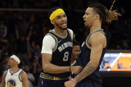 Memphis Grizzlies forward Ziaire Williams (left) and forward Brandon Clarke (right) react after basket during the second half in game two of the second round for the 2022 NBA playoffs against the Golden State Warriors at FedExForum.