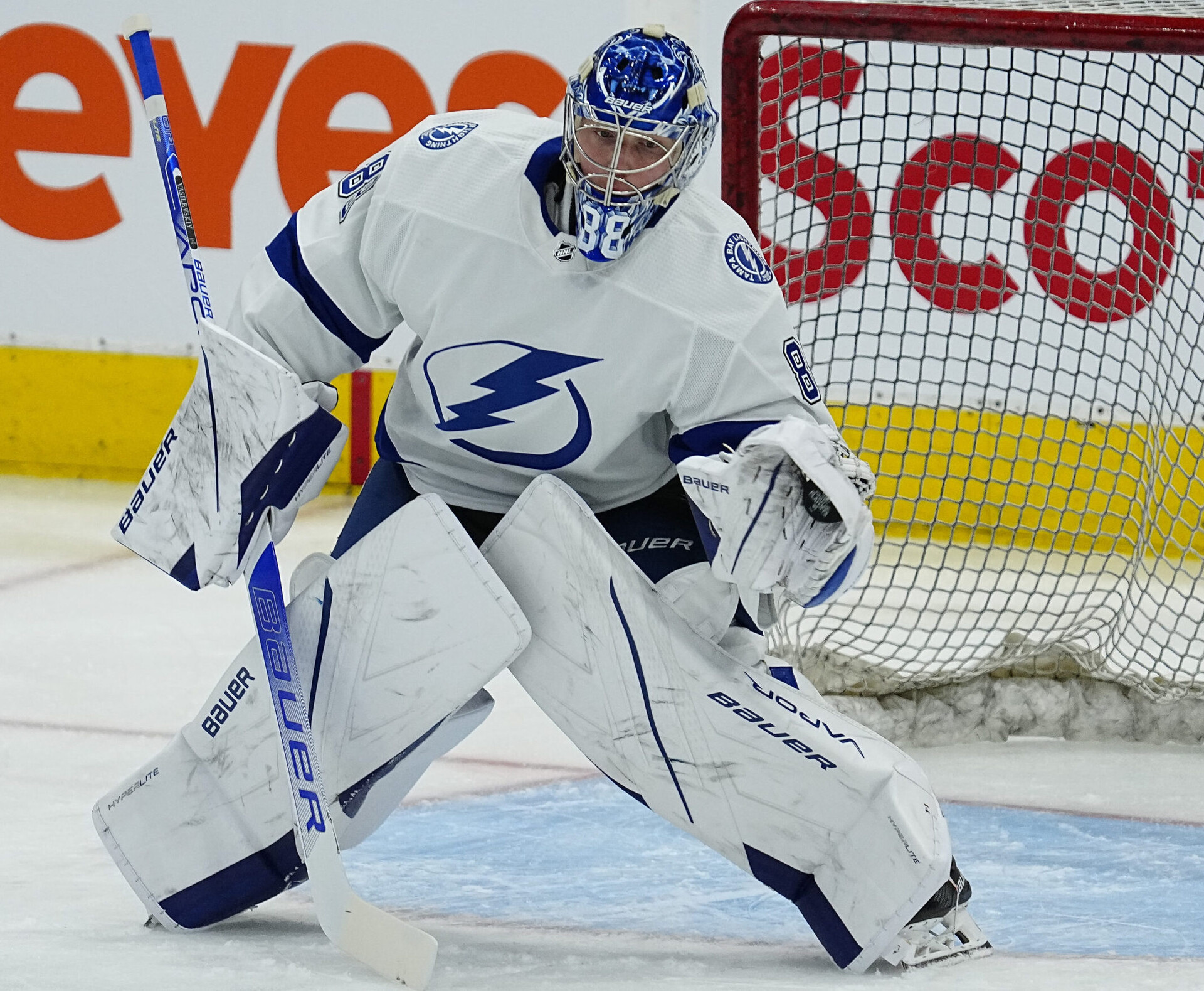 Tampa Bay Lightning goaltender Andrei Vasilevskiy catches the puck in the glove on his left hand after a shot by the Toronto Maple Leafs during Game 2 of the 2022 Stanley Cup Playoffs