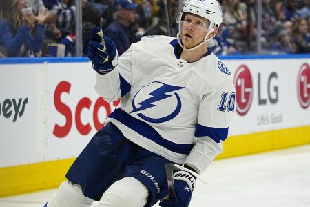 Tampa Bay Lightning forward Corey Perry taunts the Toronto Maple Leafs fans after his goal during Game 2 of the 2022 Stanley Cup Playoffs