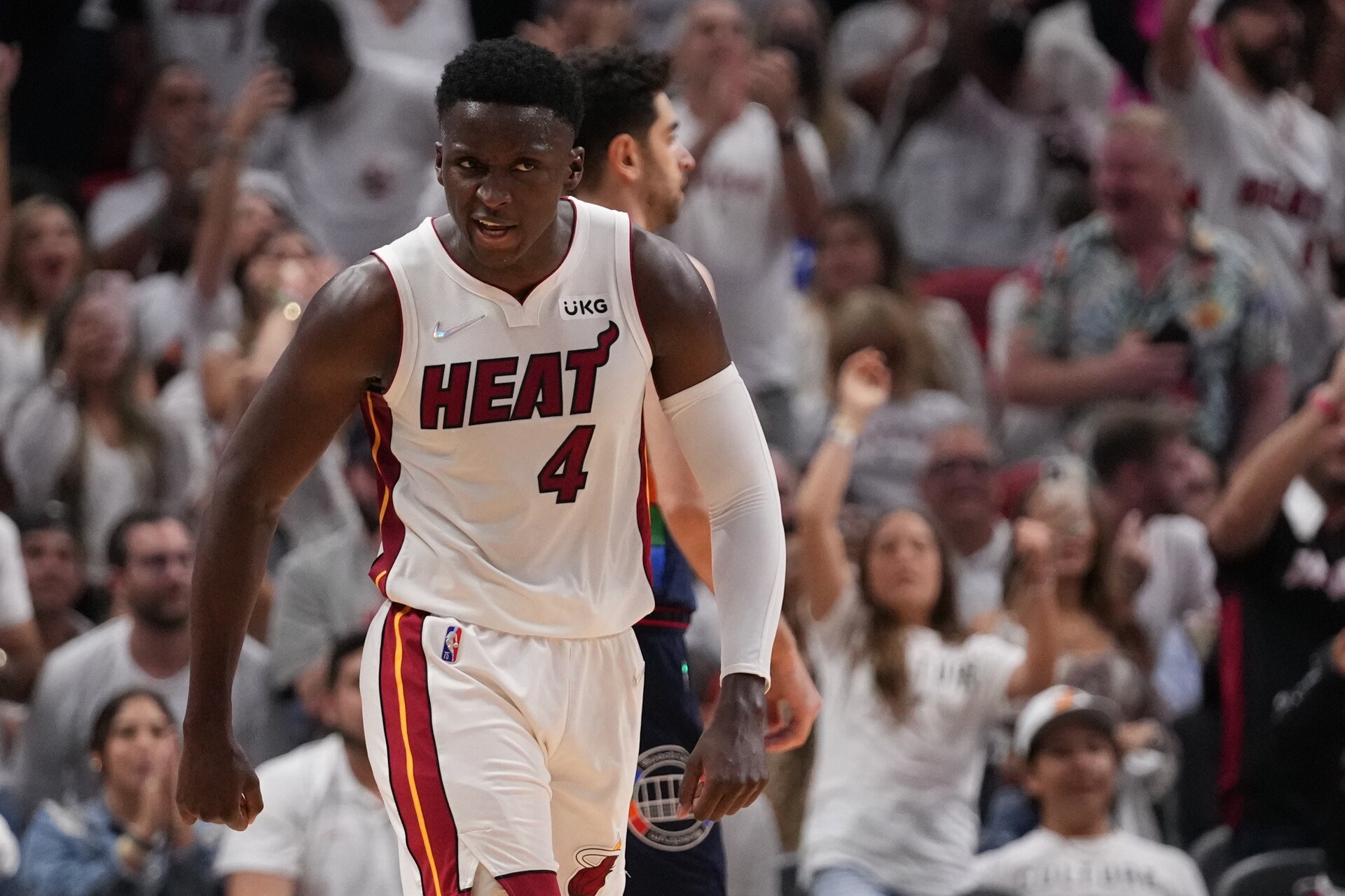Miami Heat guard Victor Oladipo (4) reacts after making a three point basket during the second half in game two of the second round for the 2022 NBA playoffs against the Philadelphia 76ers at FTX Arena.