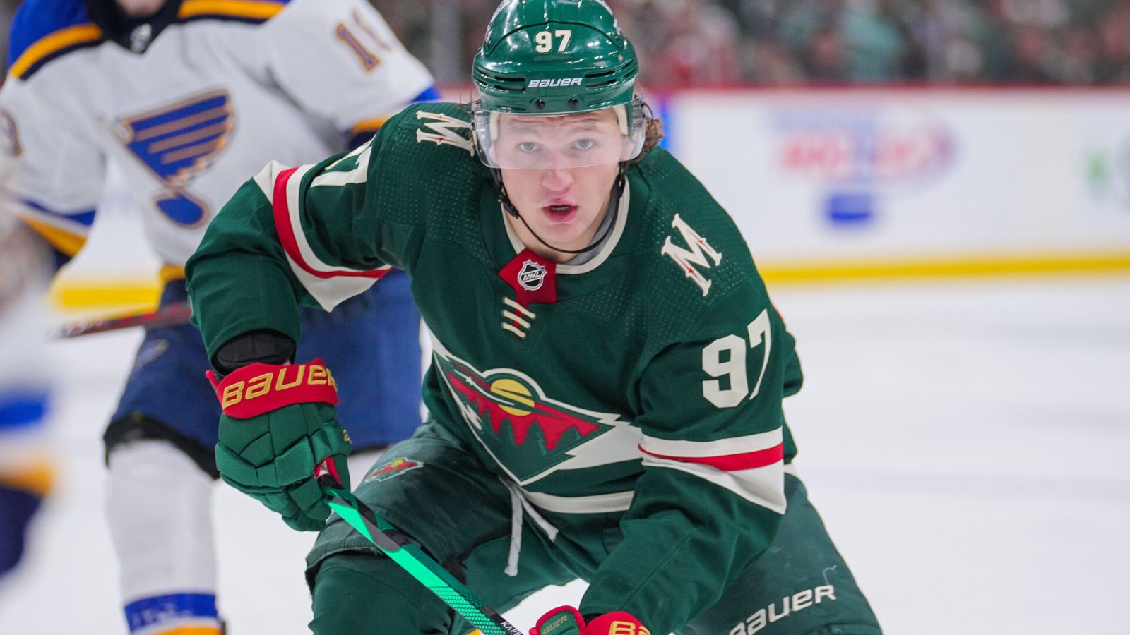 Minnesota Wild left wing Kirill Kaprizov skates after the puck during Game 2 of a Stanley Cup Playoff series against the St. Louis Blues