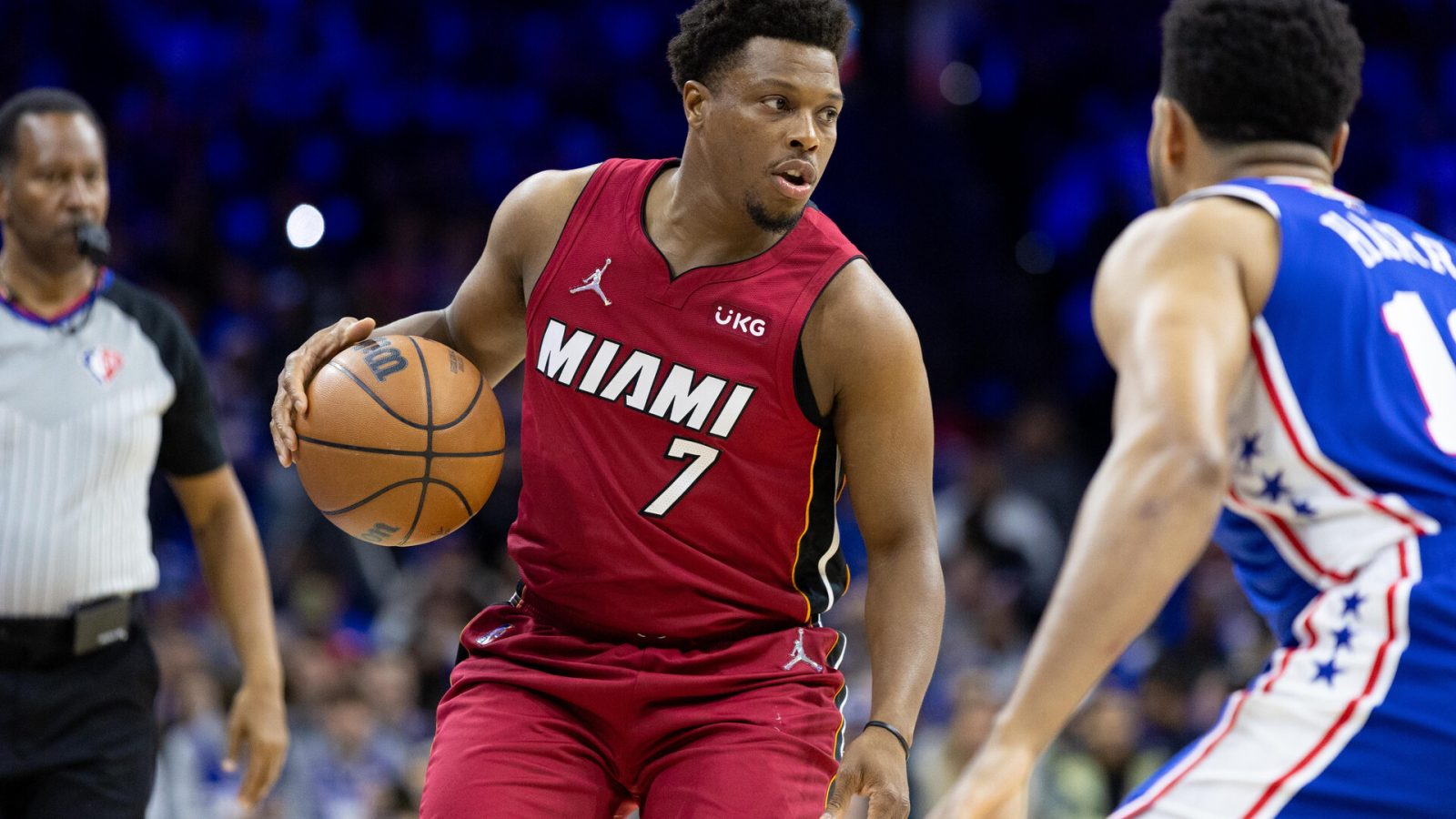 Miami Heat guard Kyle Lowry (7) dribbles the ball against the Philadelphia 76ers during the first quarter in game three of the second round for the 2022 NBA playoffs at Wells Fargo Center.