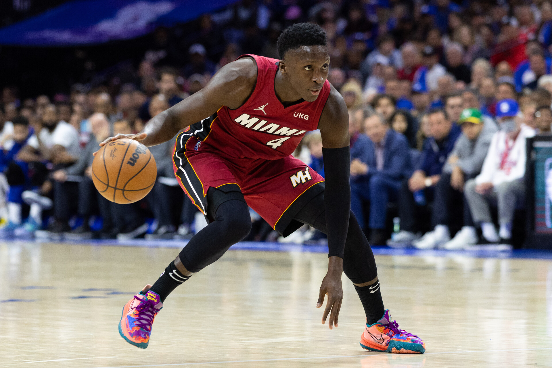 Miami Heat guard Victor Oladipo (4) dribbles the ball against the Philadelphia 76ers during the second quarter in game three of the second round for the 2022 NBA playoffs at Wells Fargo Center.