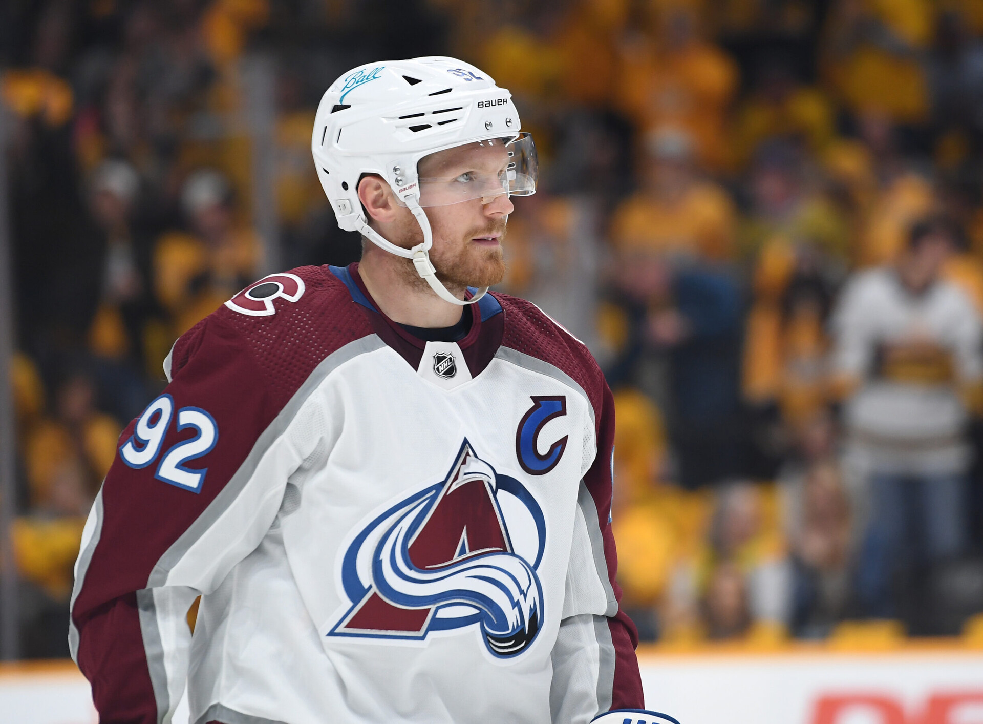 Colorado Avalanche left wing Gabriel Landeskog pauses and looks to his left during a break against against the Nashville Predators in a 2022 Stanley Cup Playoffs game