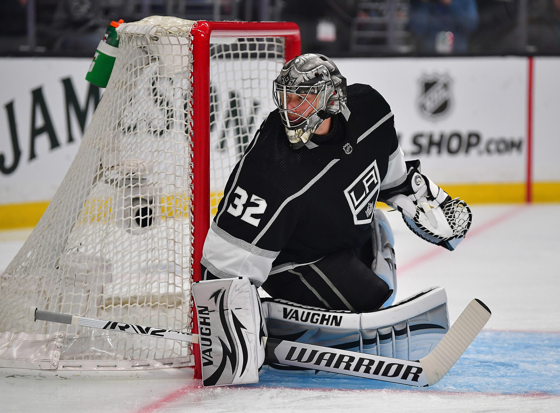 Los Angeles Kings goaltender Jonathan Quick defends the goal against the Edmonton Oilers during a 2022 Stanley Cup Playoffs game