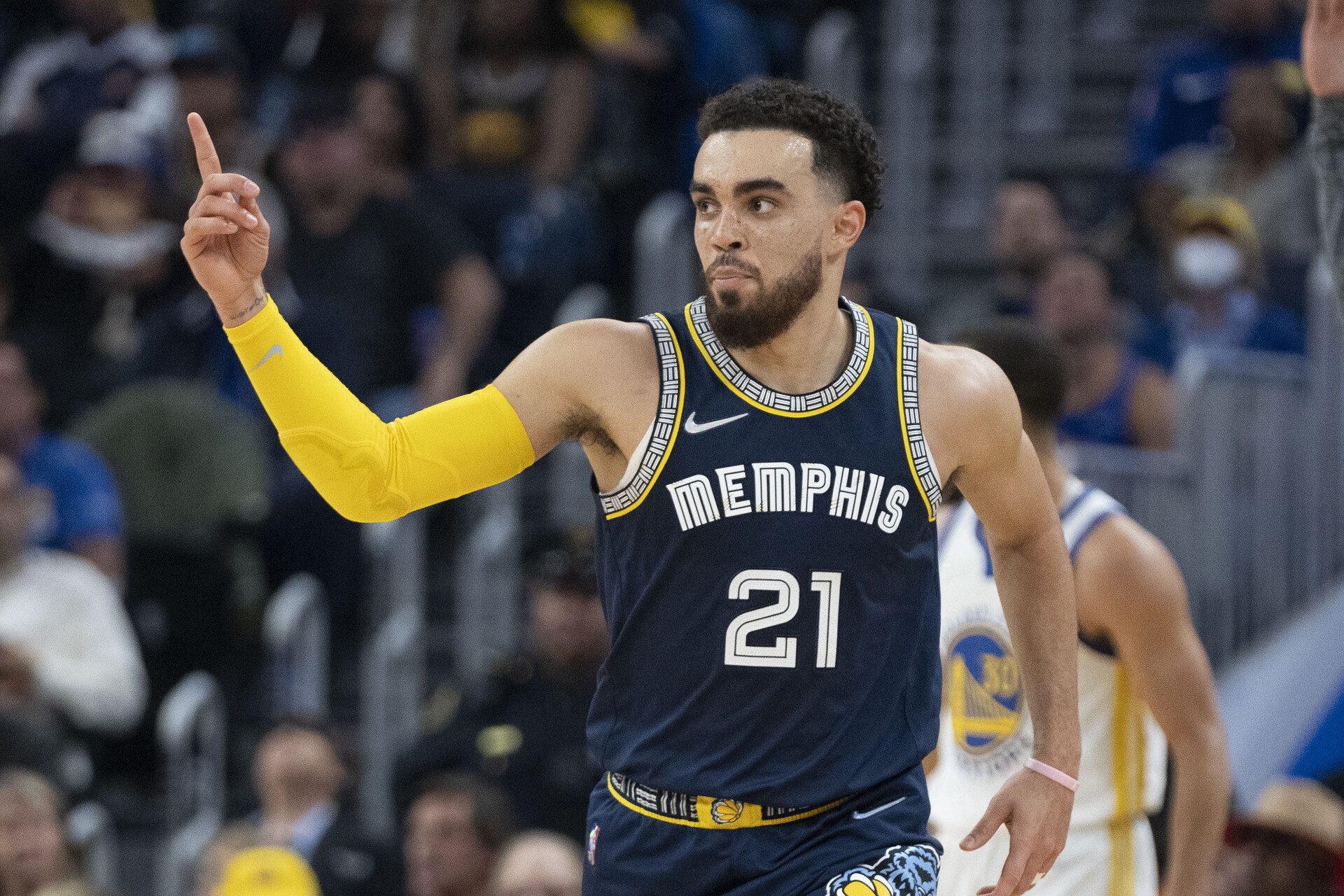 Memphis Grizzlies guard Tyus Jones celebrates against the Golden State Warriors during the second quarter of game four of the second round for the 2022 NBA playoffs at Chase Center.