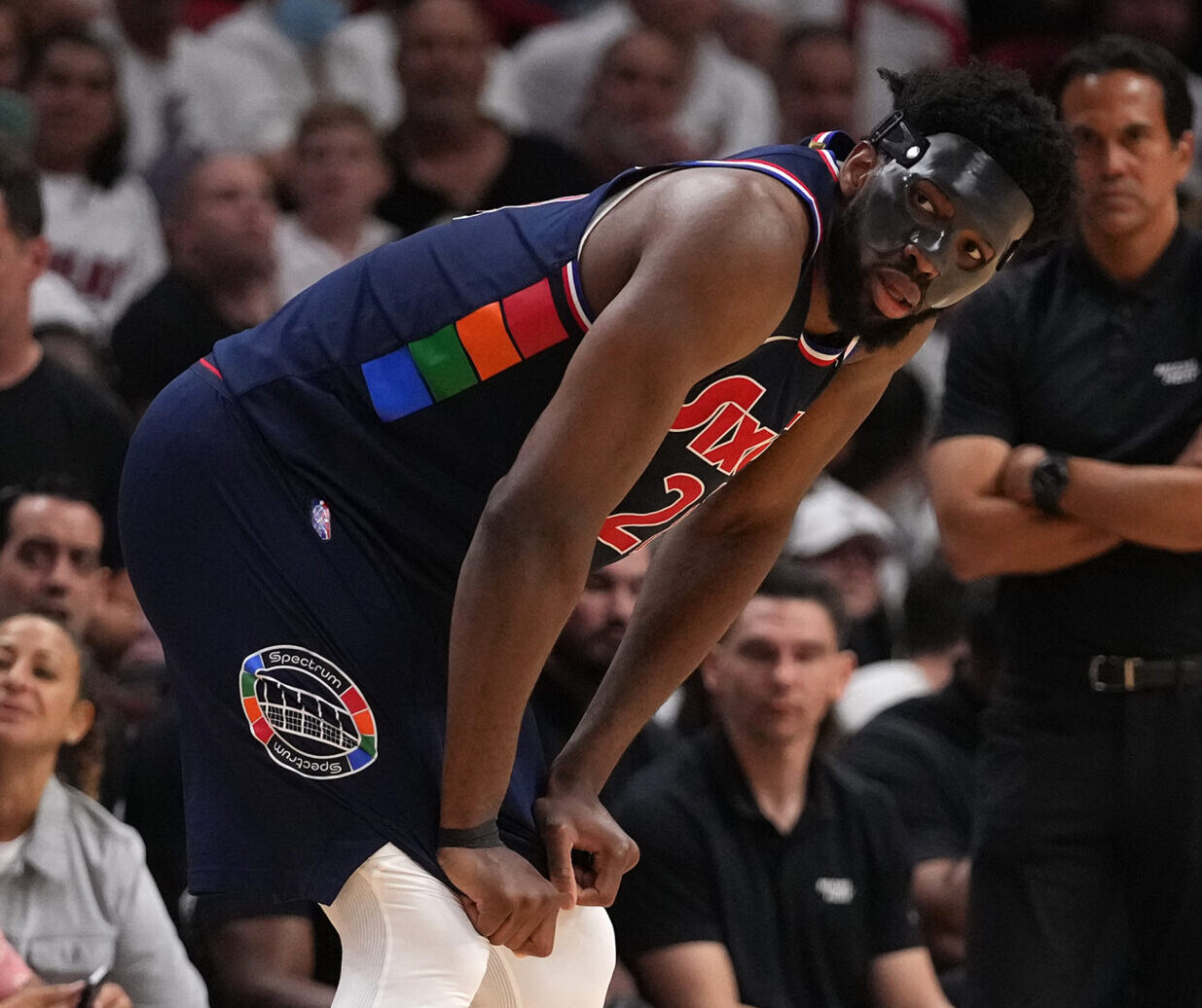 Philadelphia 76ers center Joel Embiid catches his breath during the second half in game five of the second round for the 2022 NBA playoffs against the Miami Heat at FTX Arena on May 10, 2022.