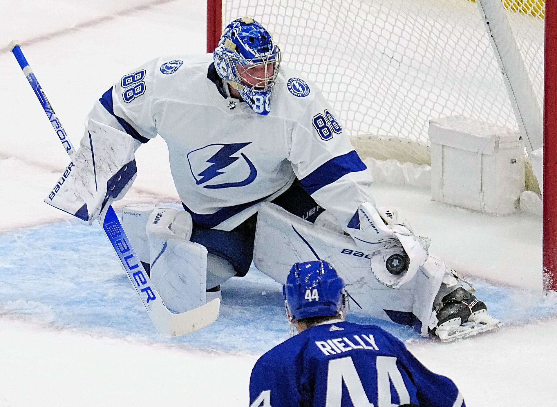 Tampa Bay Lightning goaltender Andrei Vasilevskiy blocks a shot against the Toronto Maple Leafs during a 2022 Stanley Cup Playoffs game