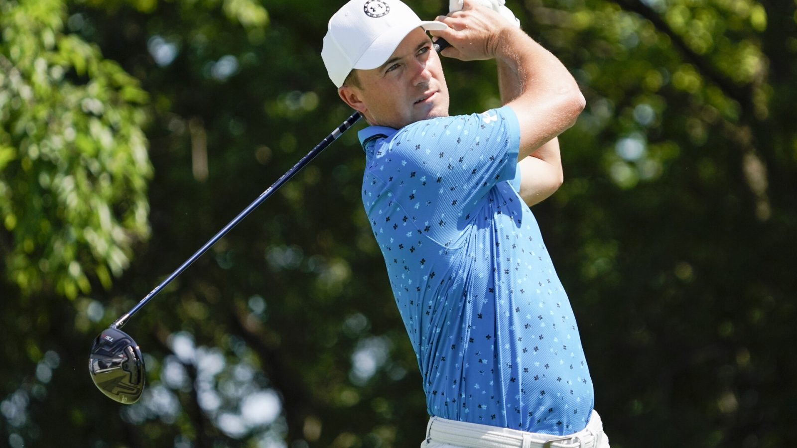 Jordan Spieth plays his shot from the second tee during the third round of the AT&T Byron Nelson golf tournament.