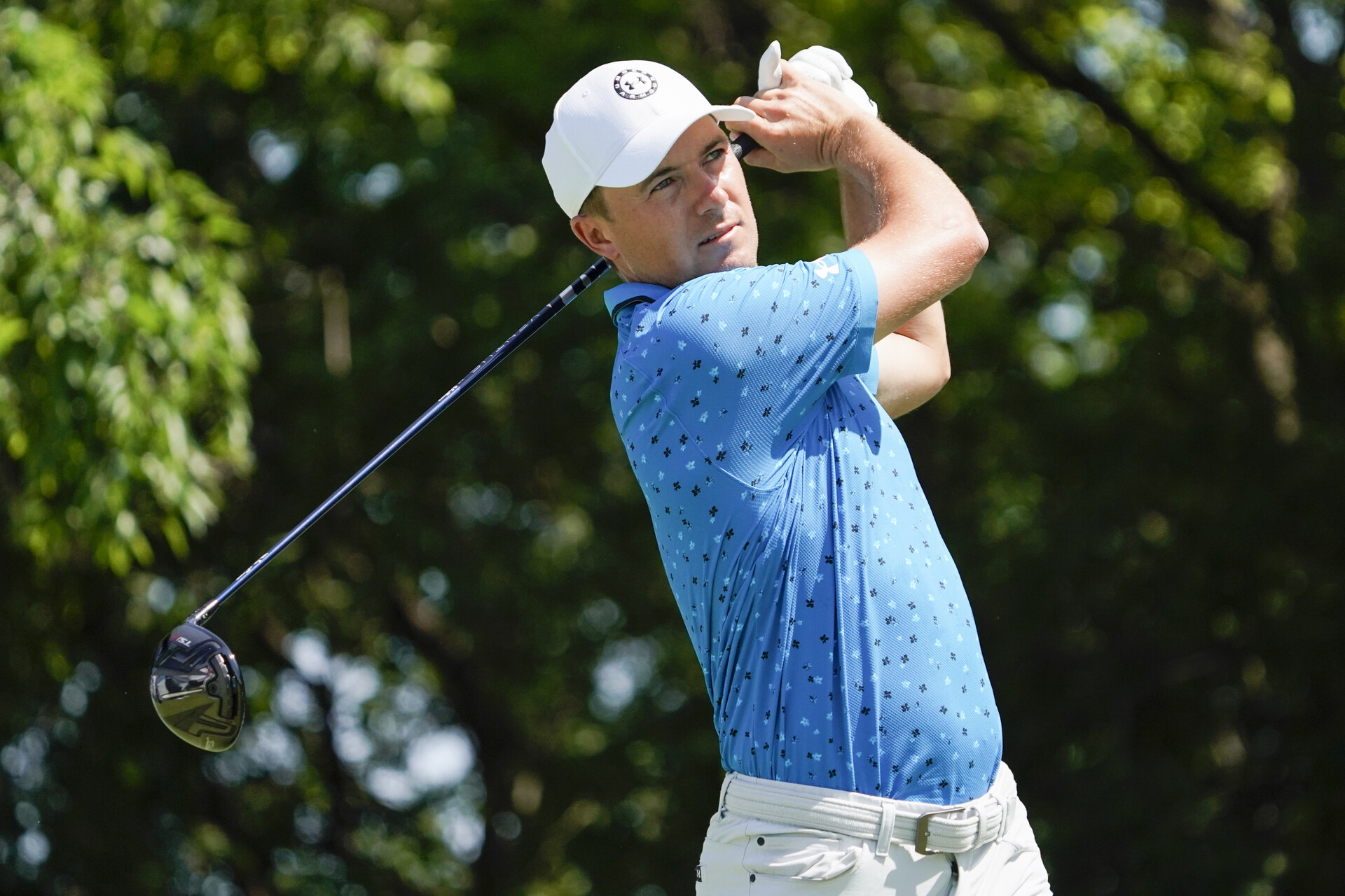 Jordan Spieth plays his shot from the second tee during the third round of the AT&T Byron Nelson golf tournament.