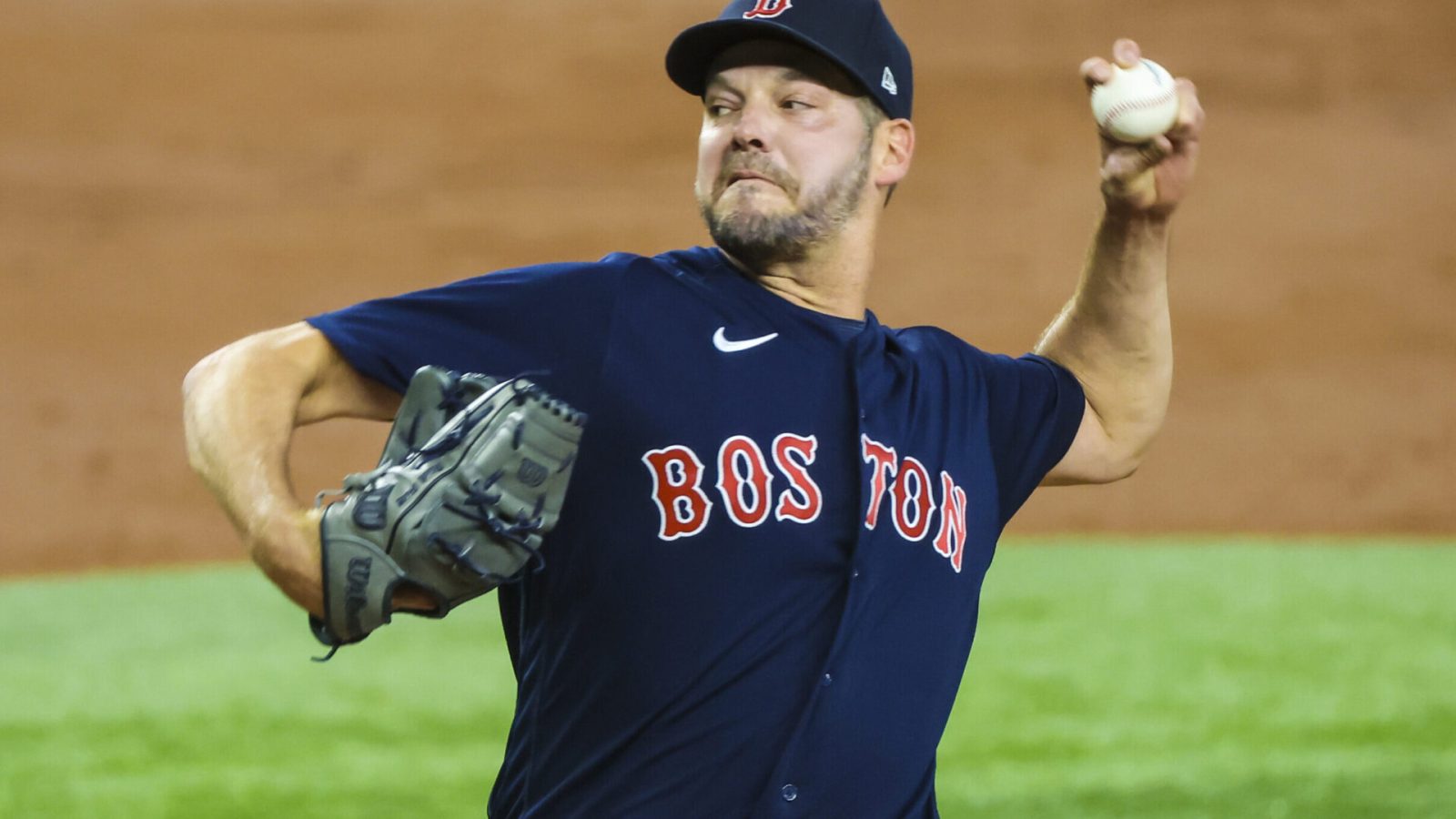 Boston Red Sox left-handed pitcher Rich Hill throws against the Texas Rangers on May 14, 2022, in Arlington, Texas.