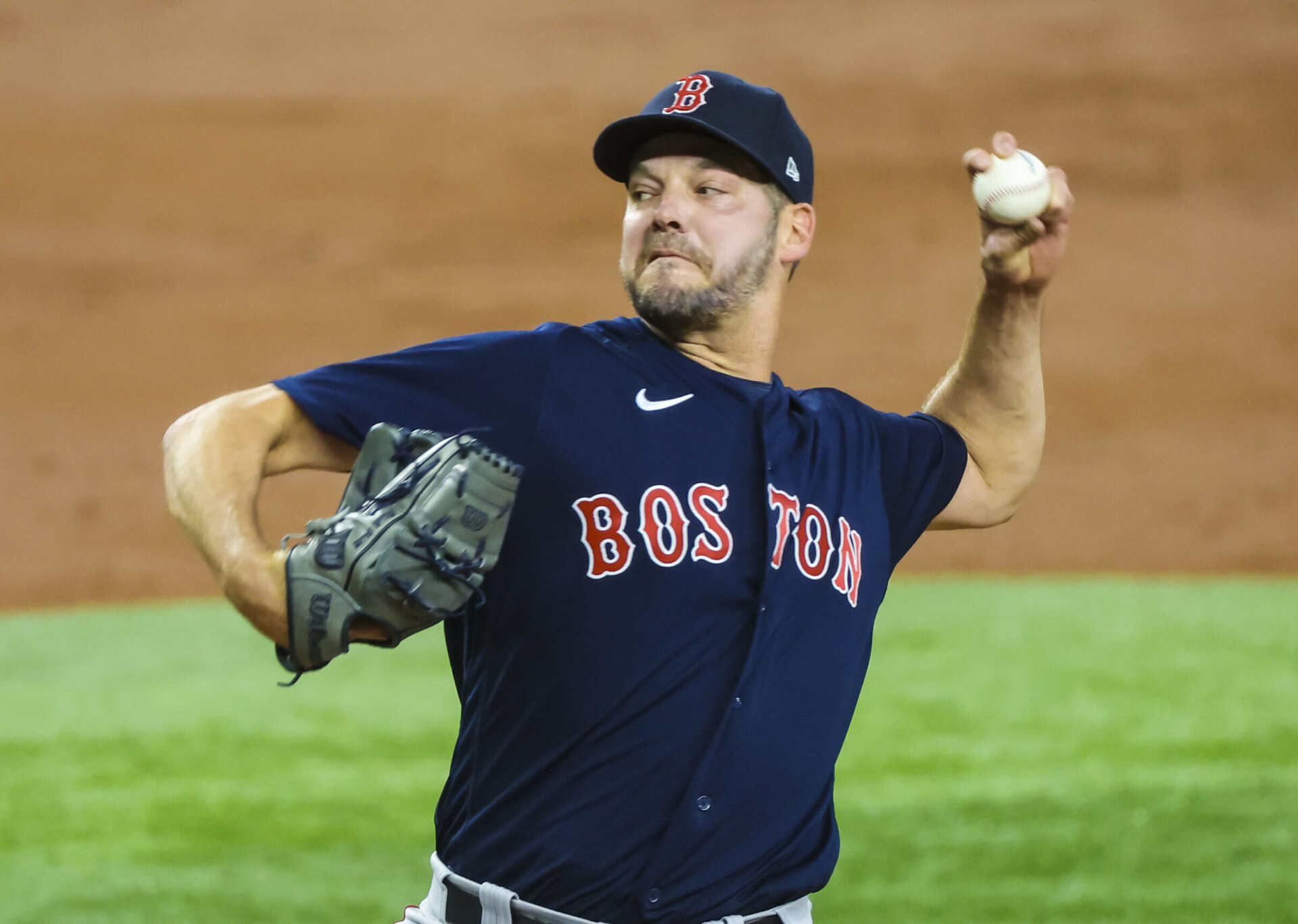 Boston Red Sox left-handed pitcher Rich Hill throws against the Texas Rangers on May 14, 2022, in Arlington, Texas.