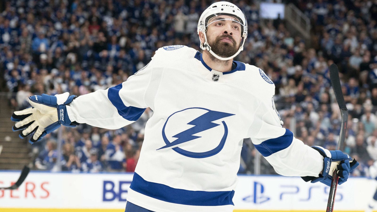 Tampa Bay Lightning left wing Nicholas Paul celebrates scoring a goal against the Toronto Maple Leafs during the second period of game seven of the first round of the 2022 Stanley Cup Playoffs at Scotiabank Arena on May 14, 2022.