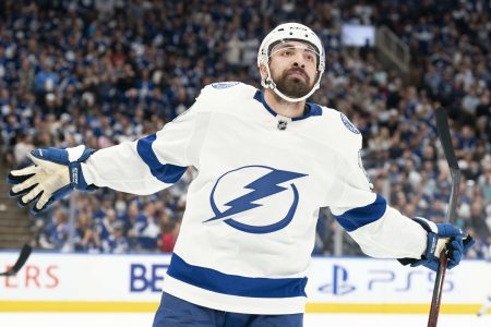 Tampa Bay Lightning left wing Nicholas Paul celebrates scoring a goal against the Toronto Maple Leafs during the second period of game seven of the first round of the 2022 Stanley Cup Playoffs at Scotiabank Arena on May 14, 2022.