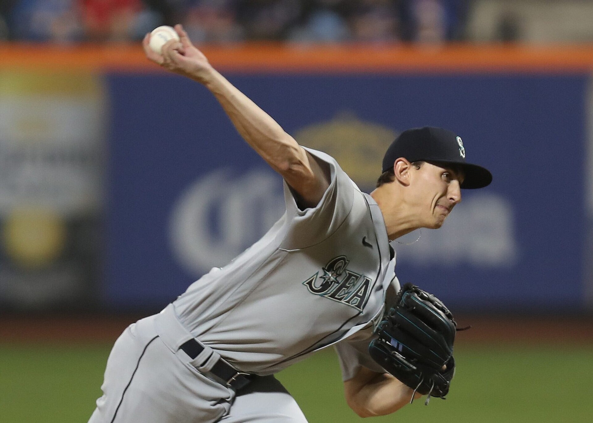 Seattle Mariners right-handed pitcher George Kirby throws against the New York Mets on May 14, 2022, in New York.