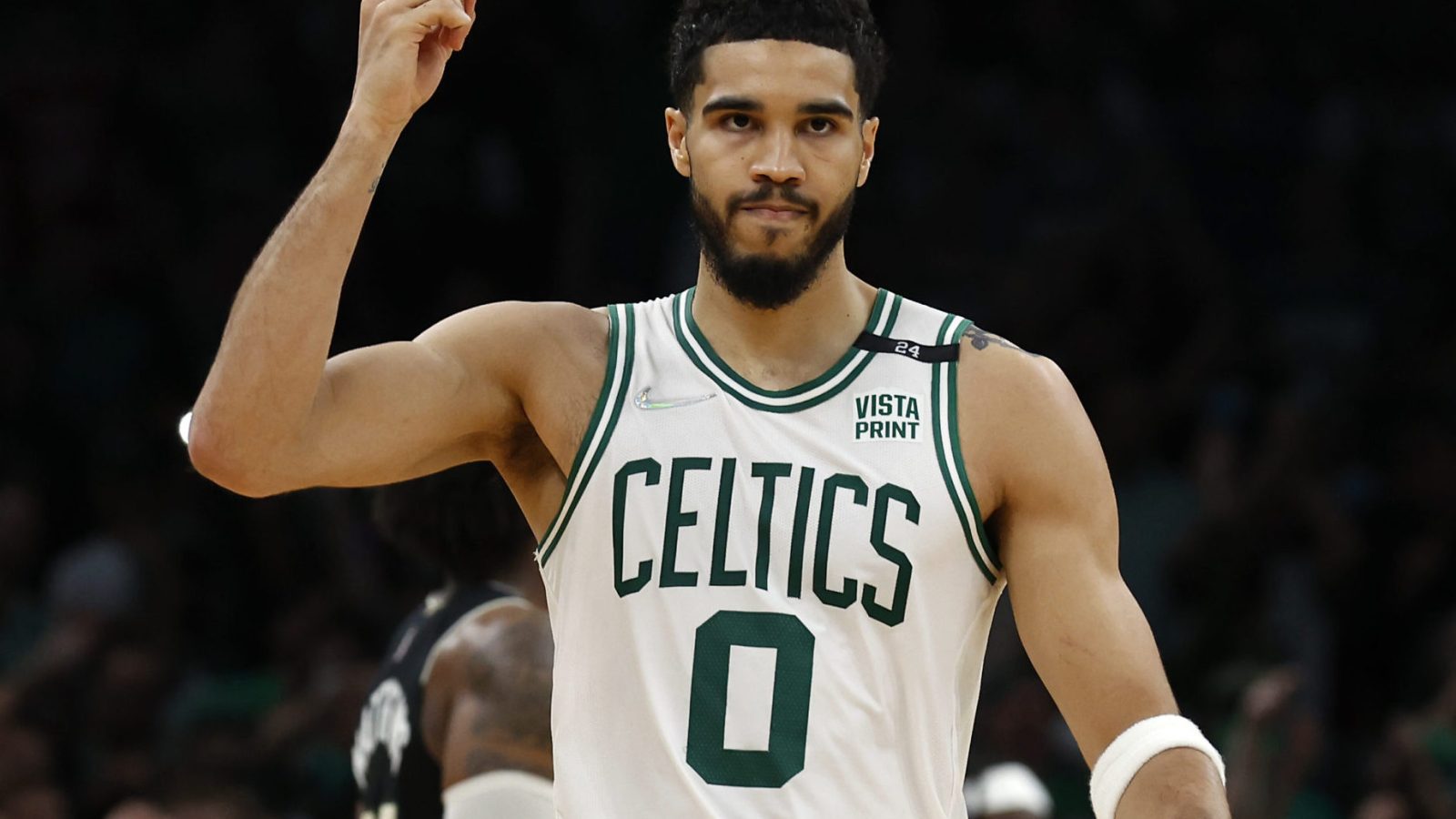 Boston Celtics forward Jayson Tatum celebrates during the second half of their win over the Milwaukee Bucks in game seven of the second round of the 2022 NBA playoffs at TD Garden.