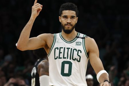 Boston Celtics forward Jayson Tatum celebrates during the second half of their win over the Milwaukee Bucks in game seven of the second round of the 2022 NBA playoffs at TD Garden.