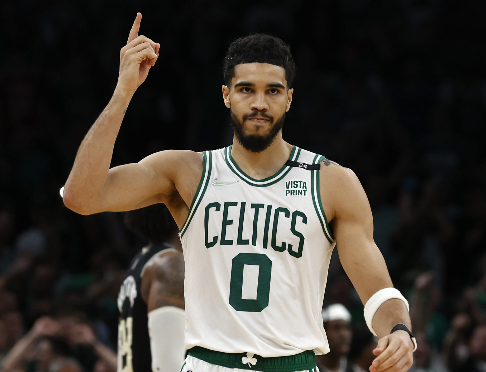 Boston Celtics forward Jayson Tatum (0) celebrates during the second half of their win over the Milwaukee Bucks in game seven of the second round of the 2022 NBA playoffs at TD Garden.