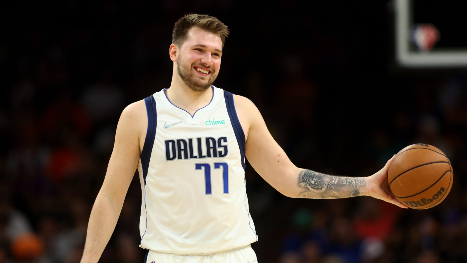 Dallas Mavericks guard Luka Doncic (77) reacts against the Phoenix Suns in game seven of the second round for the 2022 NBA playoffs at Footprint Center.