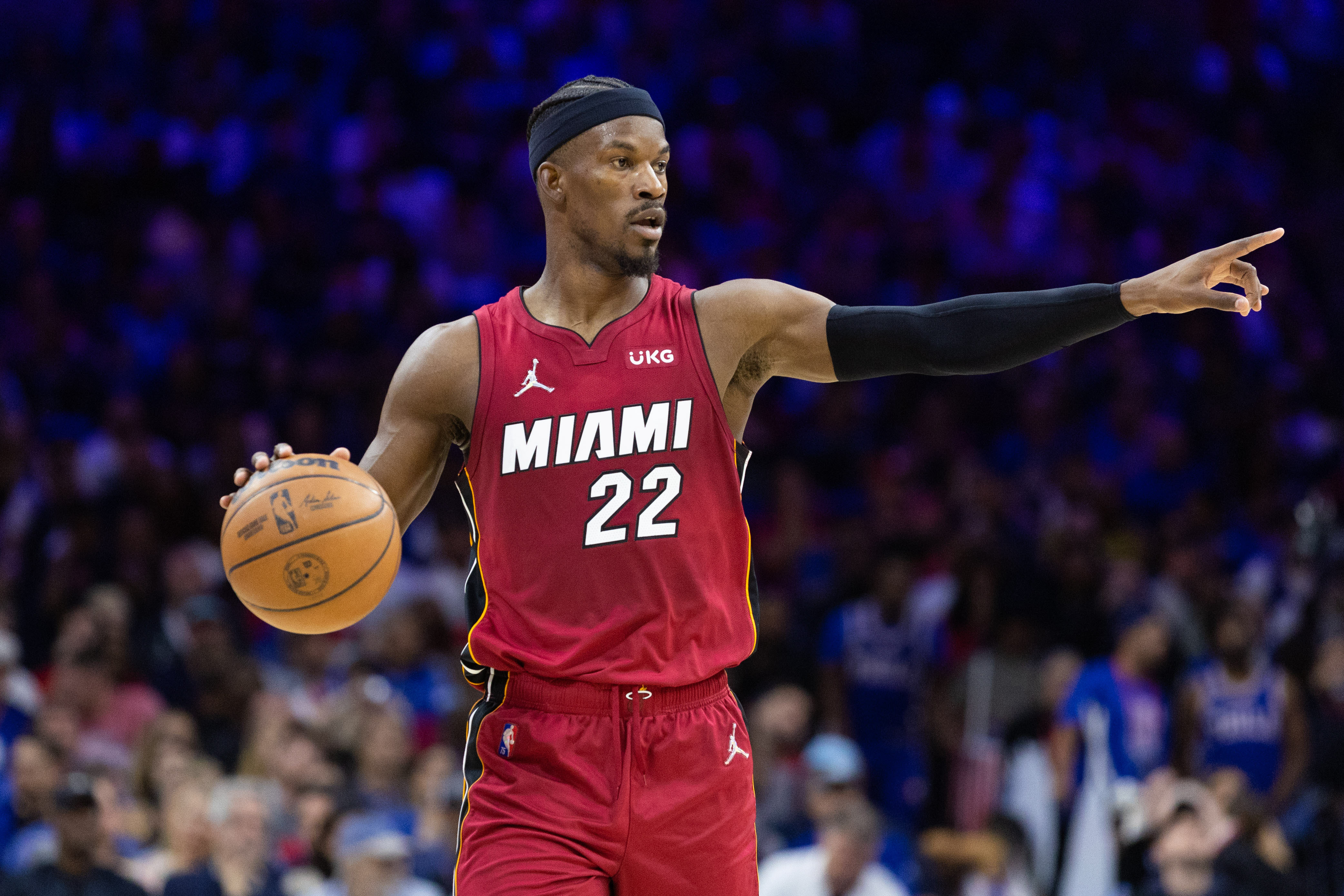 Miami Heat forward Jimmy Butler (22) plays against the Philadelphia 76ers during the second quarter in game six of the second round of the 2022 NBA playoffs at Wells Fargo Center.