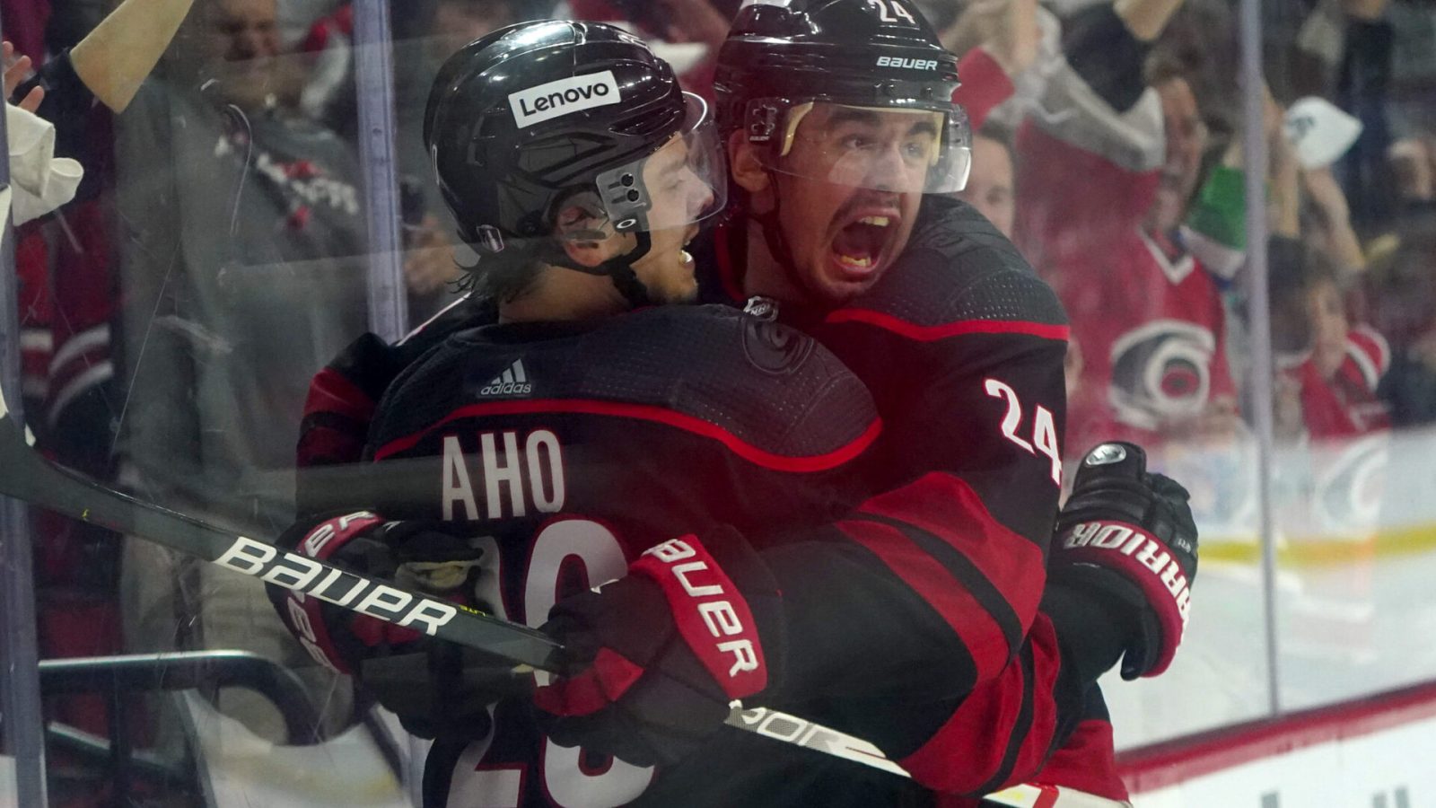 Carolina Hurricanes center Sebastian Aho (left) celebrates his goal with center Seth Jarvis (right) against the New York Rangers during the third period in game one of the second round of the 2022 Stanley Cup Playoffs