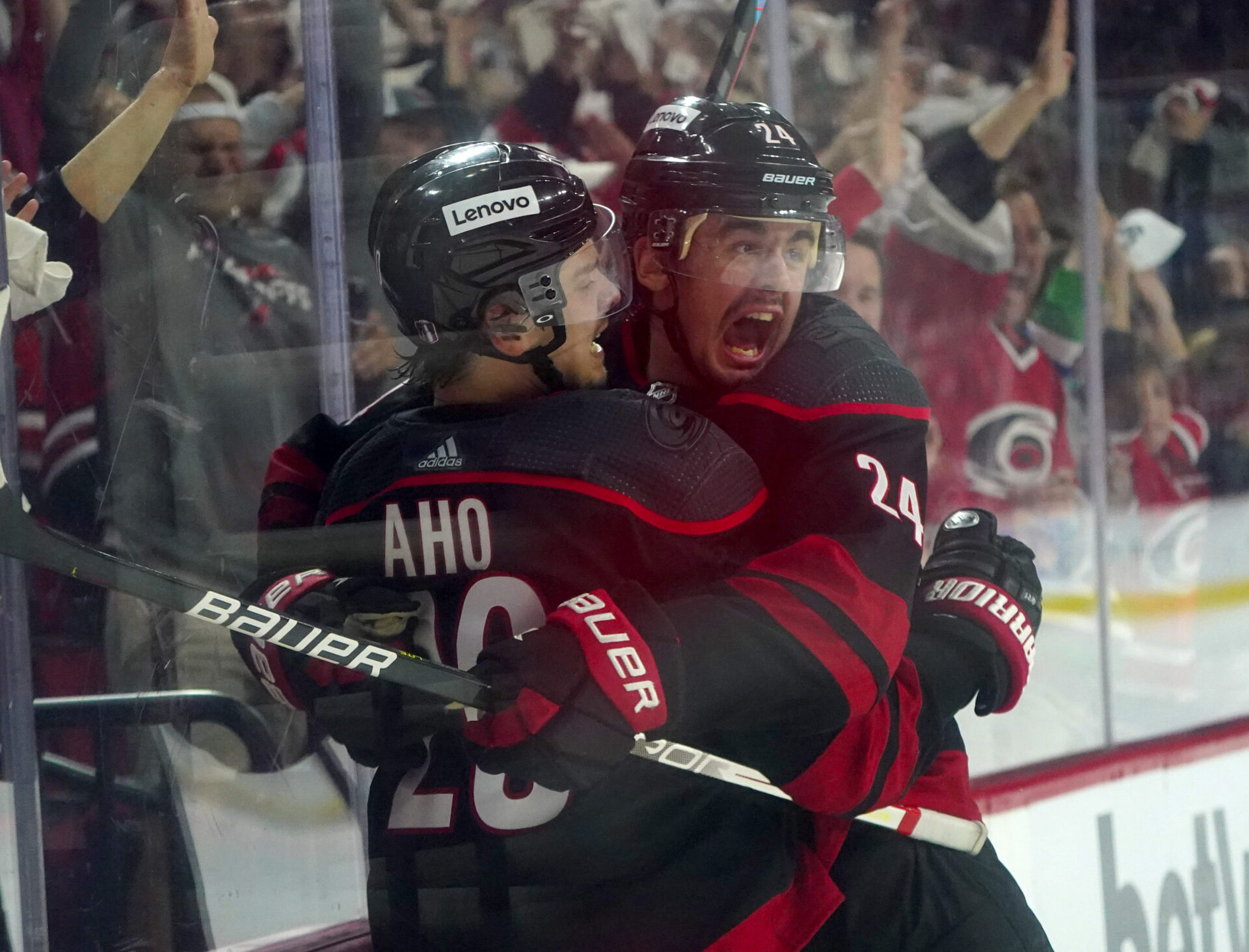 Carolina Hurricanes center Sebastian Aho (left) celebrates his goal with center Seth Jarvis (right) against the New York Rangers during the third period in game one of the second round of the 2022 Stanley Cup Playoffs