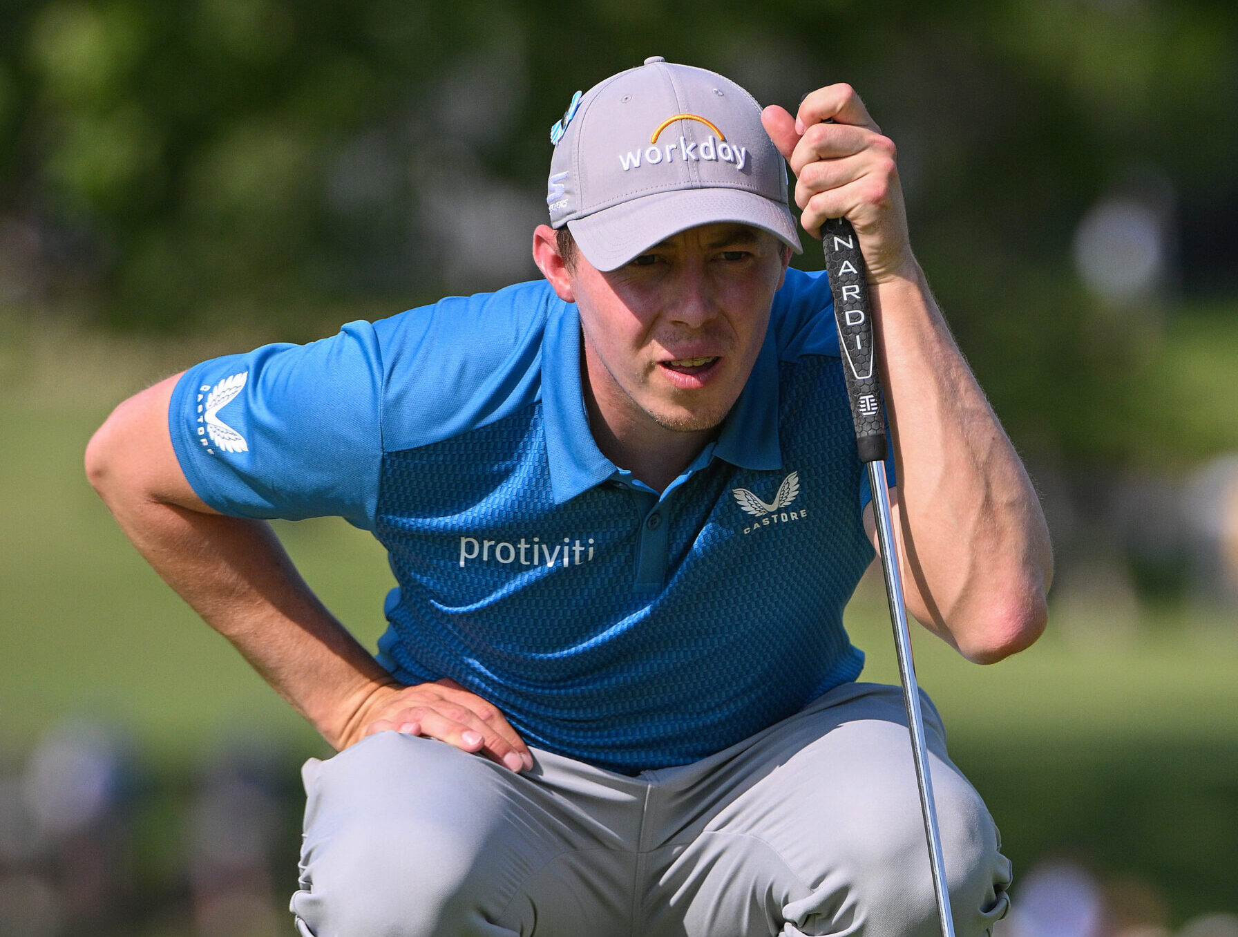 Matt Fitzpatrick lines up a putt on the ninth green during the first round of the PGA Championship golf tournament at Southern Hills Country Club on May 19, 2022.