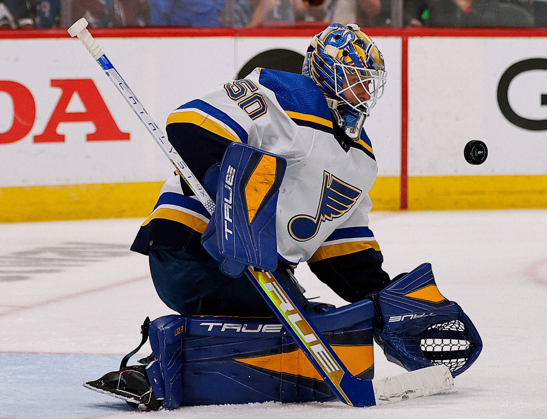 St. Louis Blues goaltender Jordan Binnington makes a save of the puck in the third period against the Colorado Avalanche in game two of the second round of the 2022 Stanley Cup Playoffs