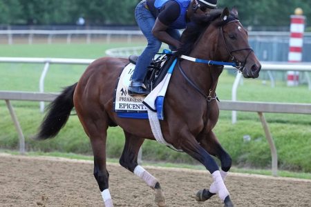 An unidentified trainer rides Epicenter through a morning workout at Pimlico Race Course ahead of the 2022 Preakness Stakes