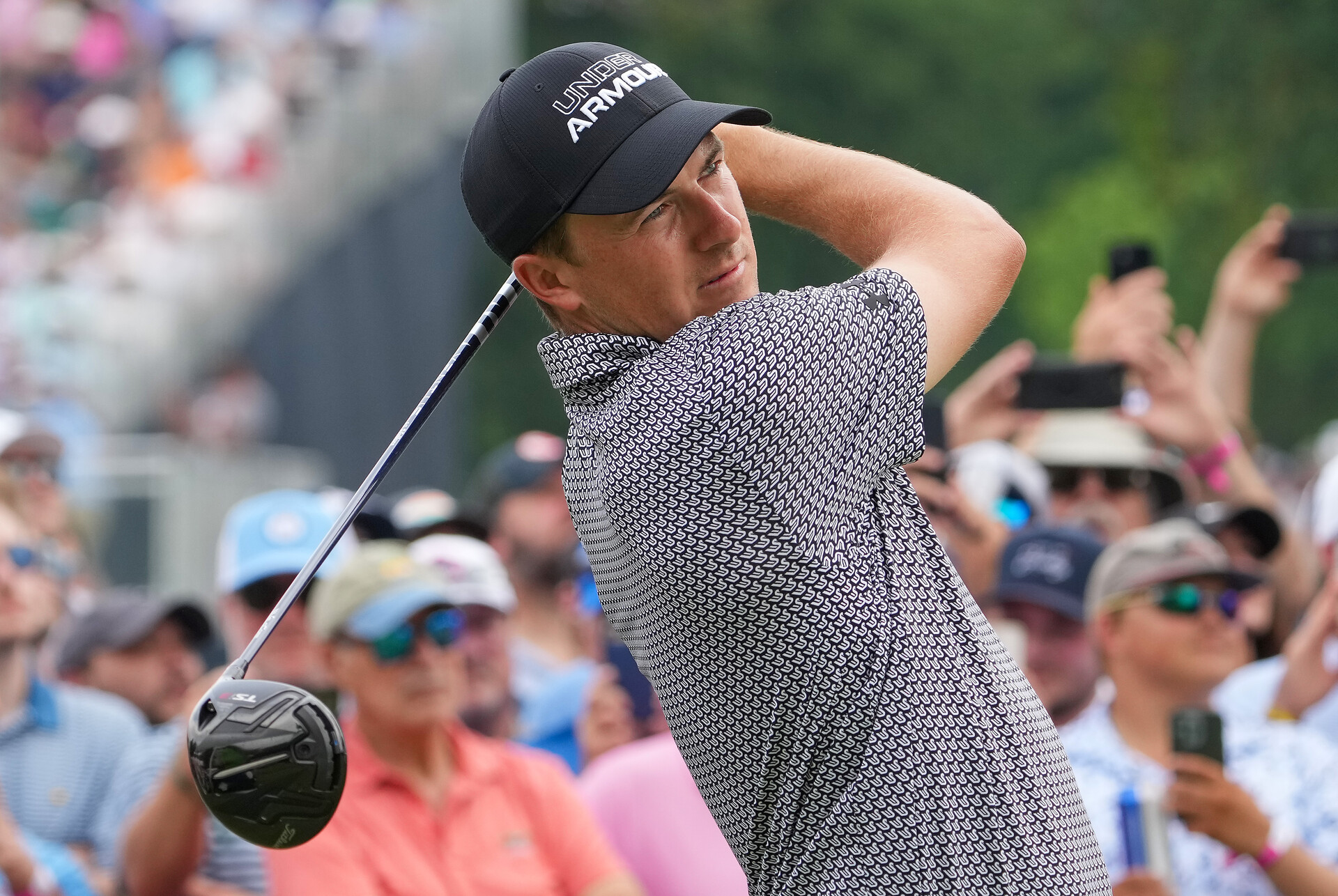 Jordan Spieth plays his shot from the second tee during the second round of the PGA Championship golf tournament at Southern Hills Country Club.