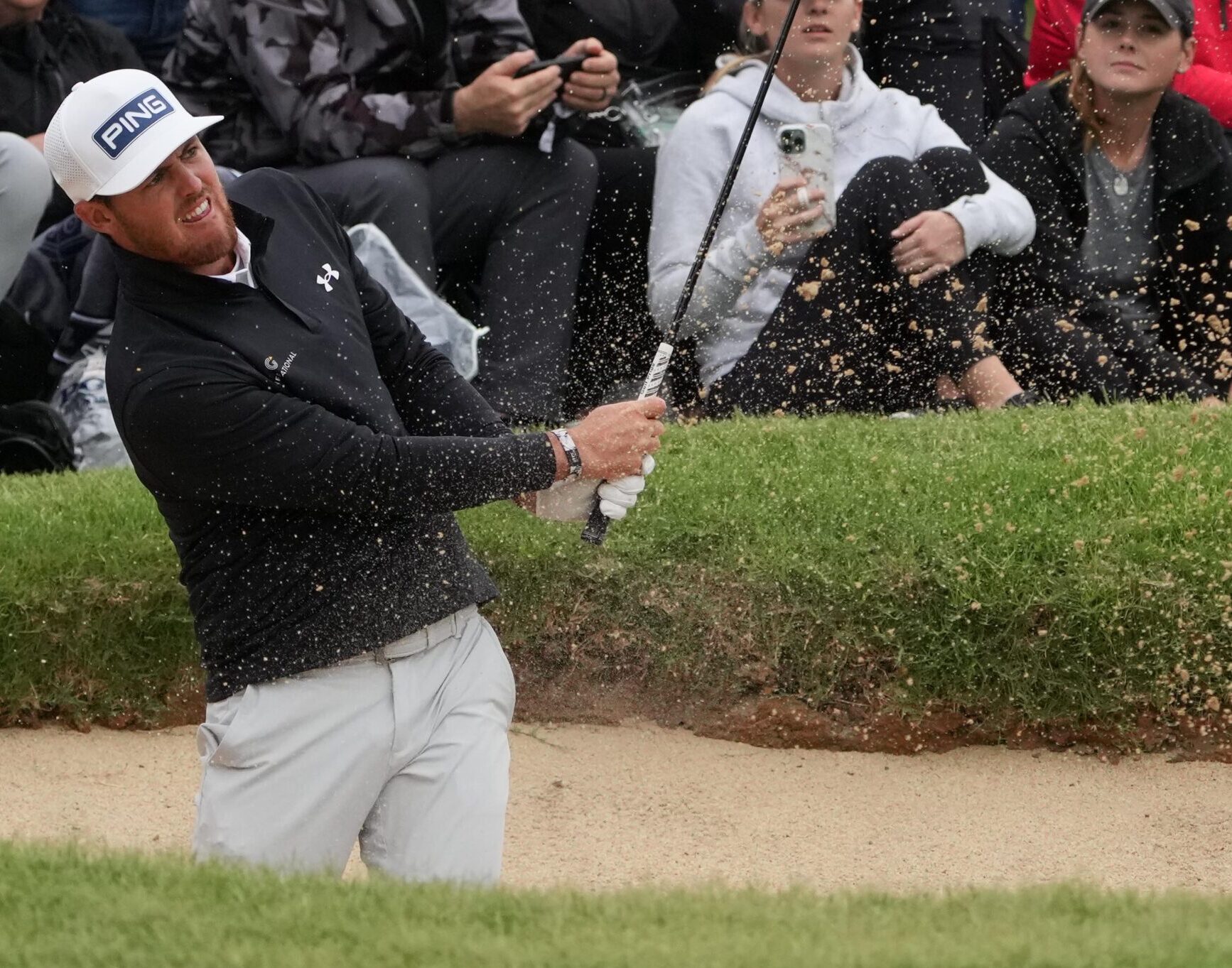 Mito Pereira hits out of a bunker on the 16th hole during the third round of the PGA Championship golf tournament at Southern Hills Country Club on May 21, 2022.