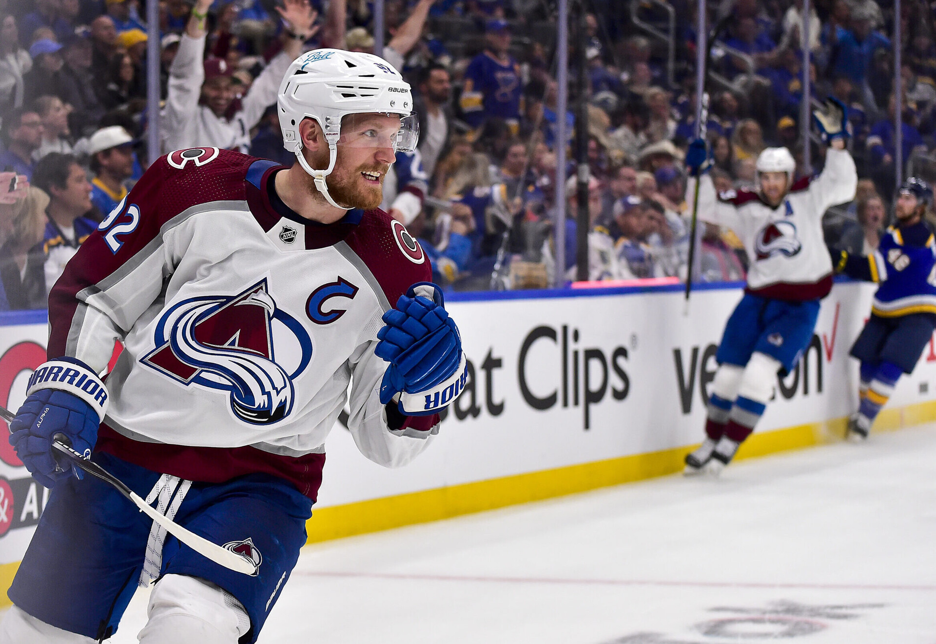 Colorado Avalanche left wing Gabriel Landeskog reacts after scoring against the St. Louis Blues in Game 3 of the second round of the 2022 Stanley Cup Playoffs